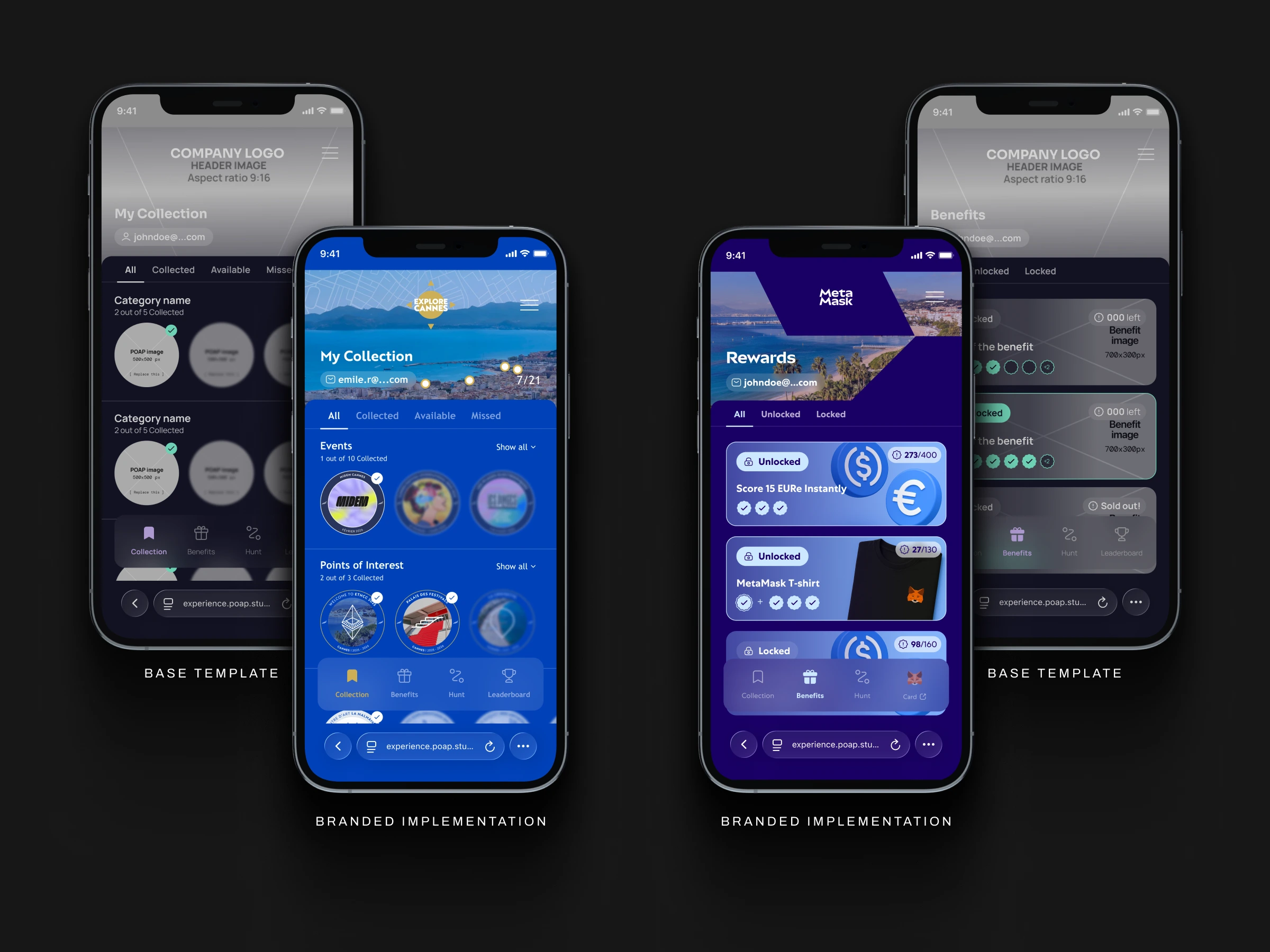 The POAP Passport base template shown beside its branded implementations for Explore Cannes and MetaMask