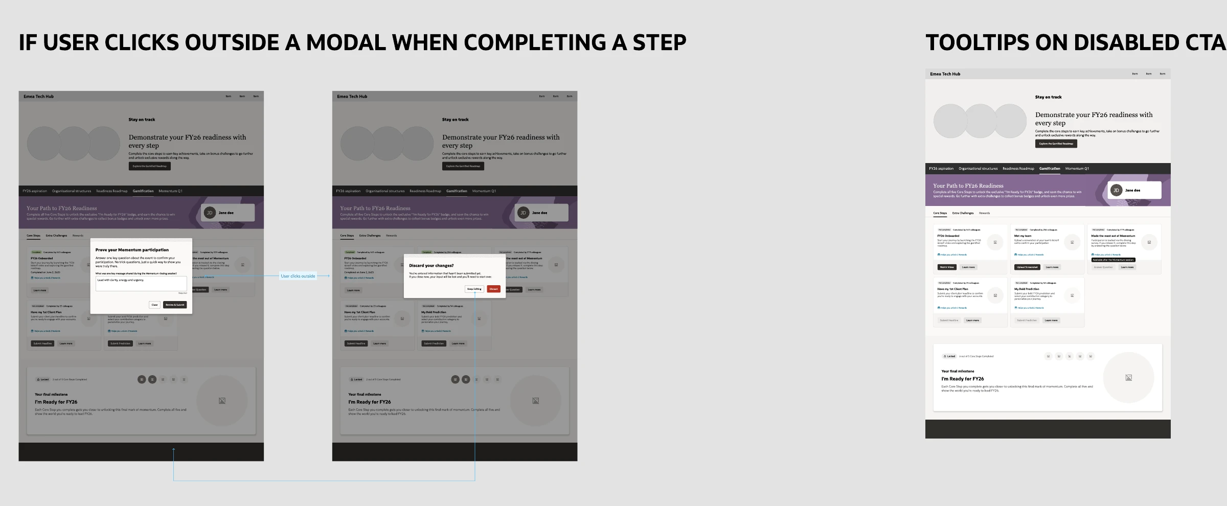 Documented edge cases: what happens if the user clicks outside a modal while completing a step, and tooltips on disabled call-to-action buttons
