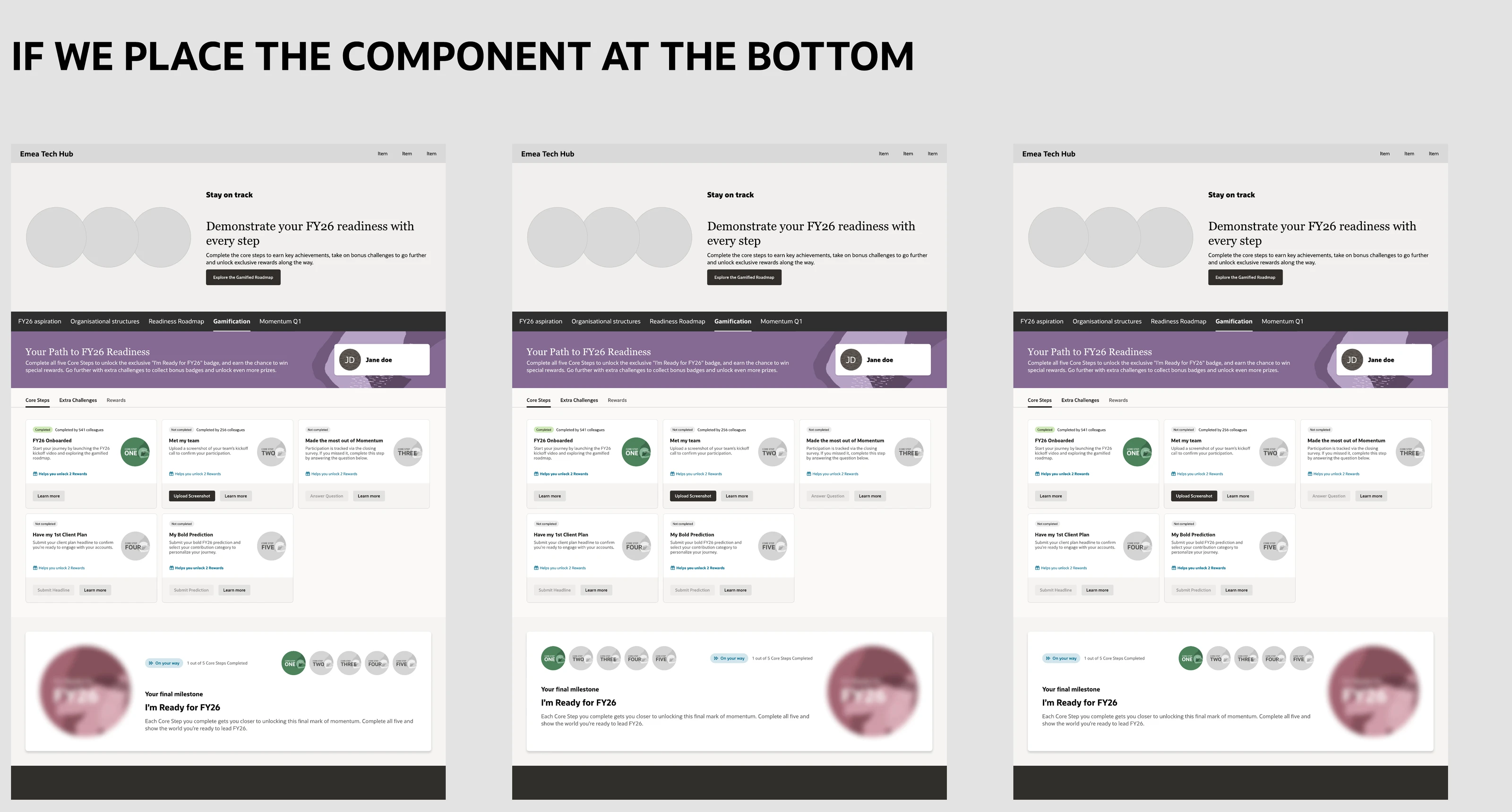 Three page variants with the gamified component placed at the bottom of the page