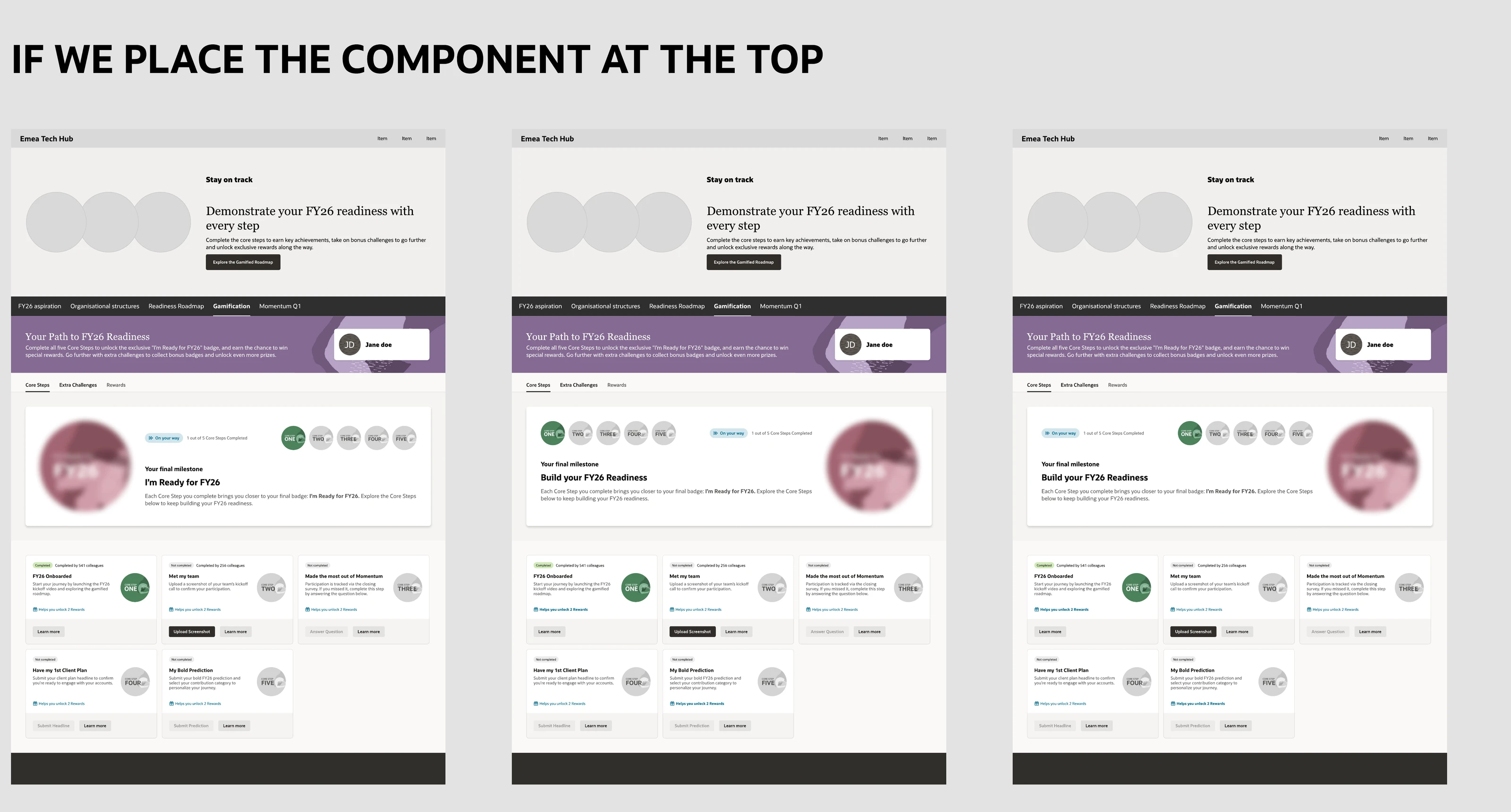 Three page variants with the gamified component placed at the top of the page
