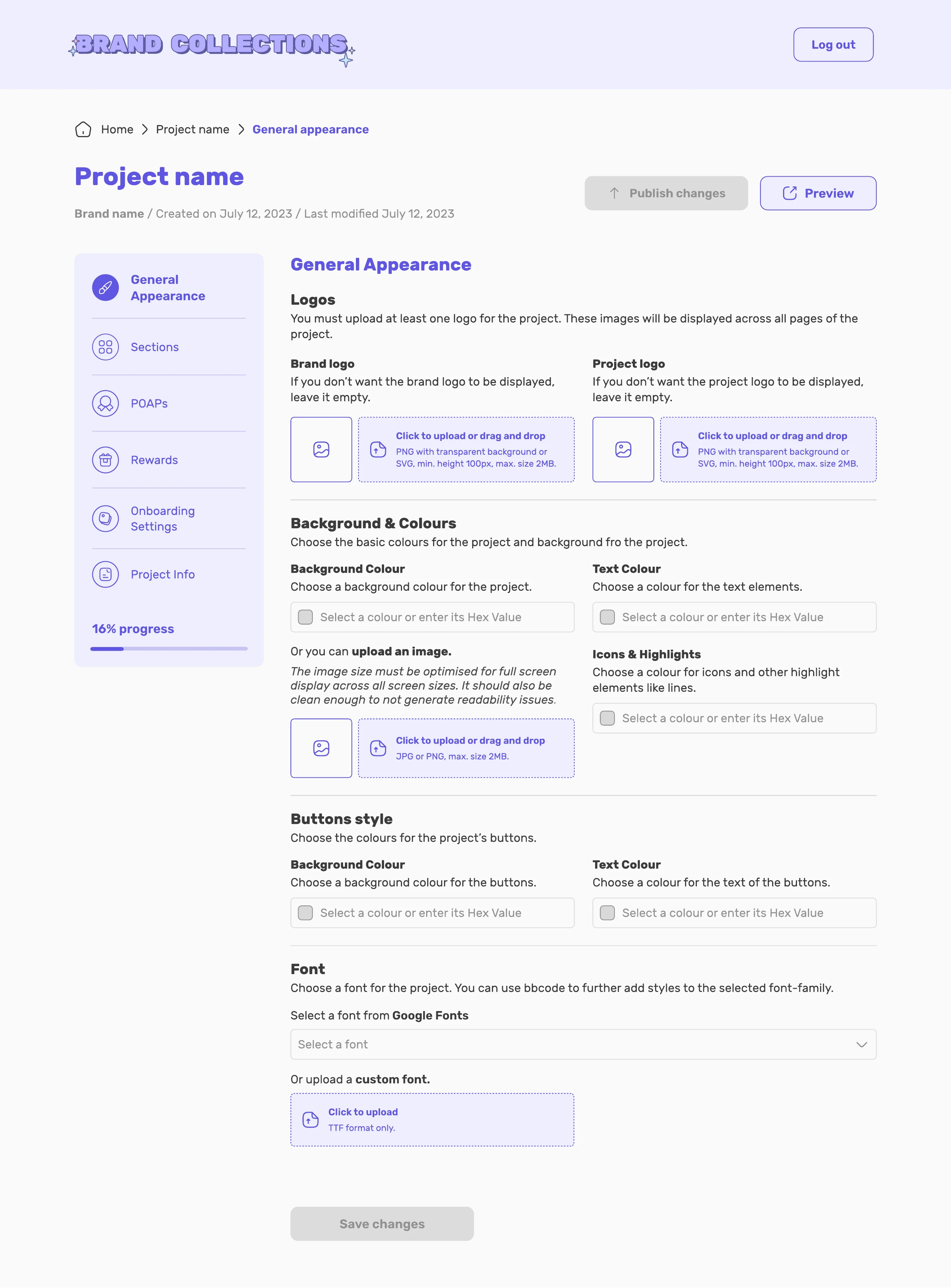 The general appearance panel: brand logo, project logo, background and text colours, button styles, and a font chosen from Google Fonts or uploaded