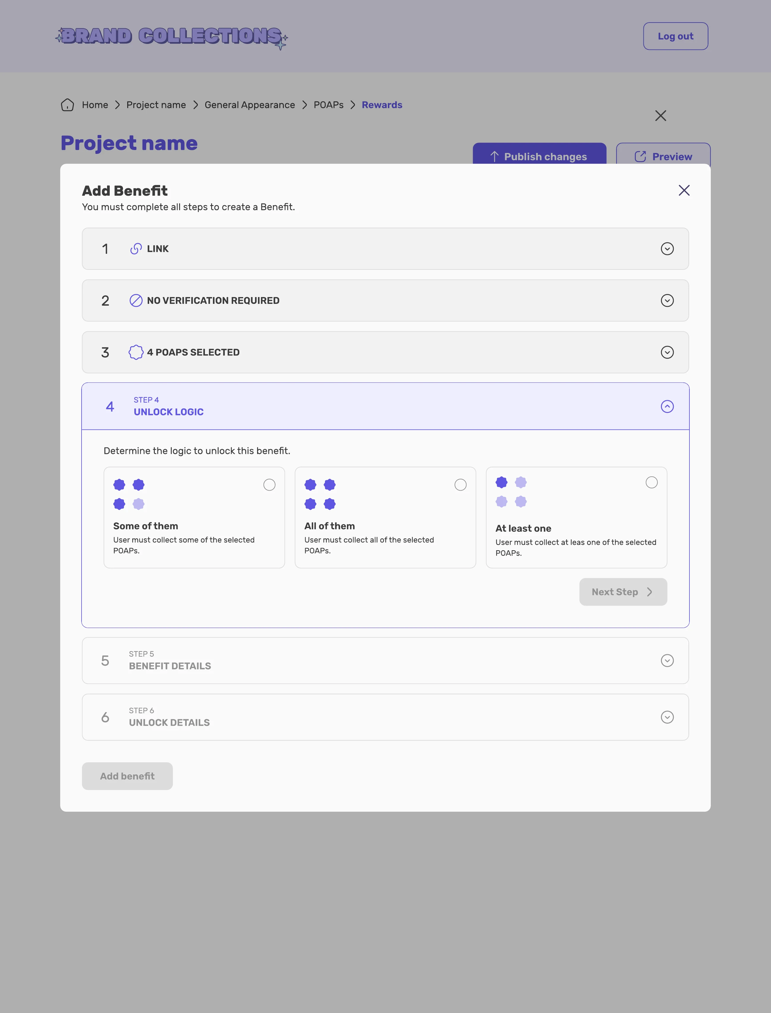 The Add Benefit modal at step four, Unlock Logic, offering Some of them, All of them and At least one