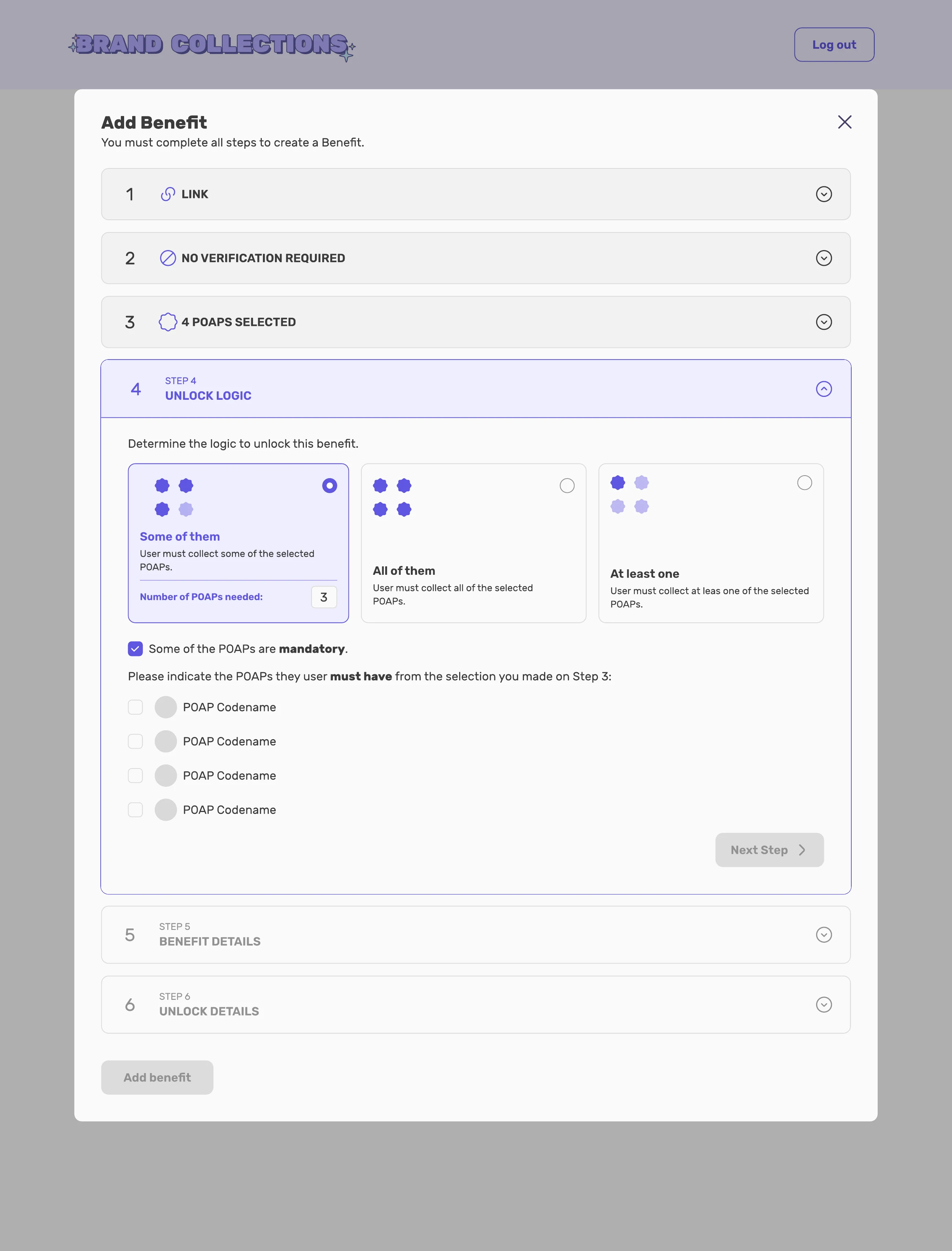 The Add Benefit modal at step four with Some of them selected, the number of collectibles needed set to three, and the mandatory-items list open