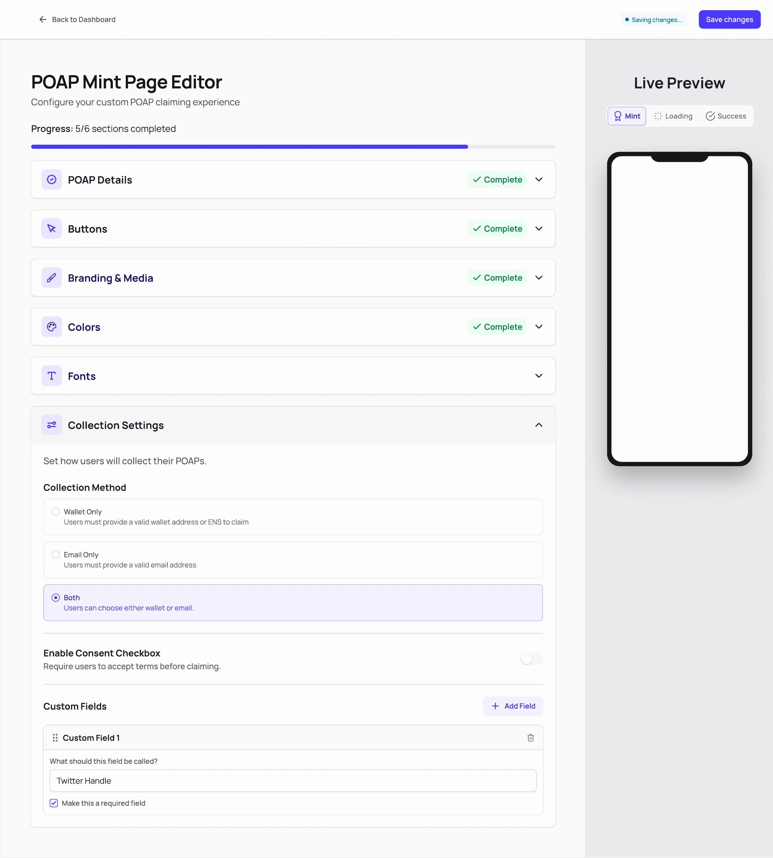 The POAP mint page editor with a live phone preview beside the configuration panel