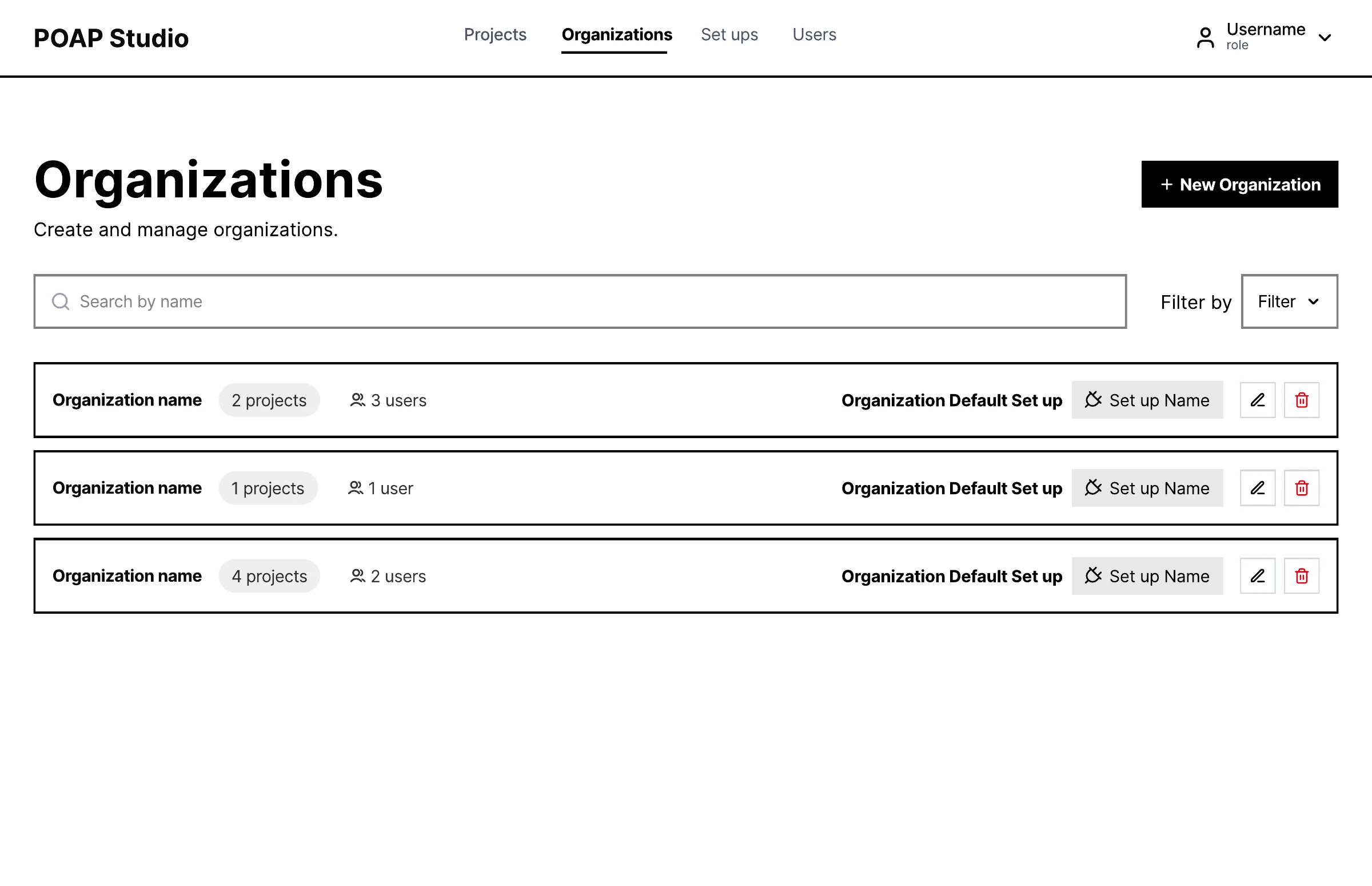 A low-fidelity wireframe of the organisations list