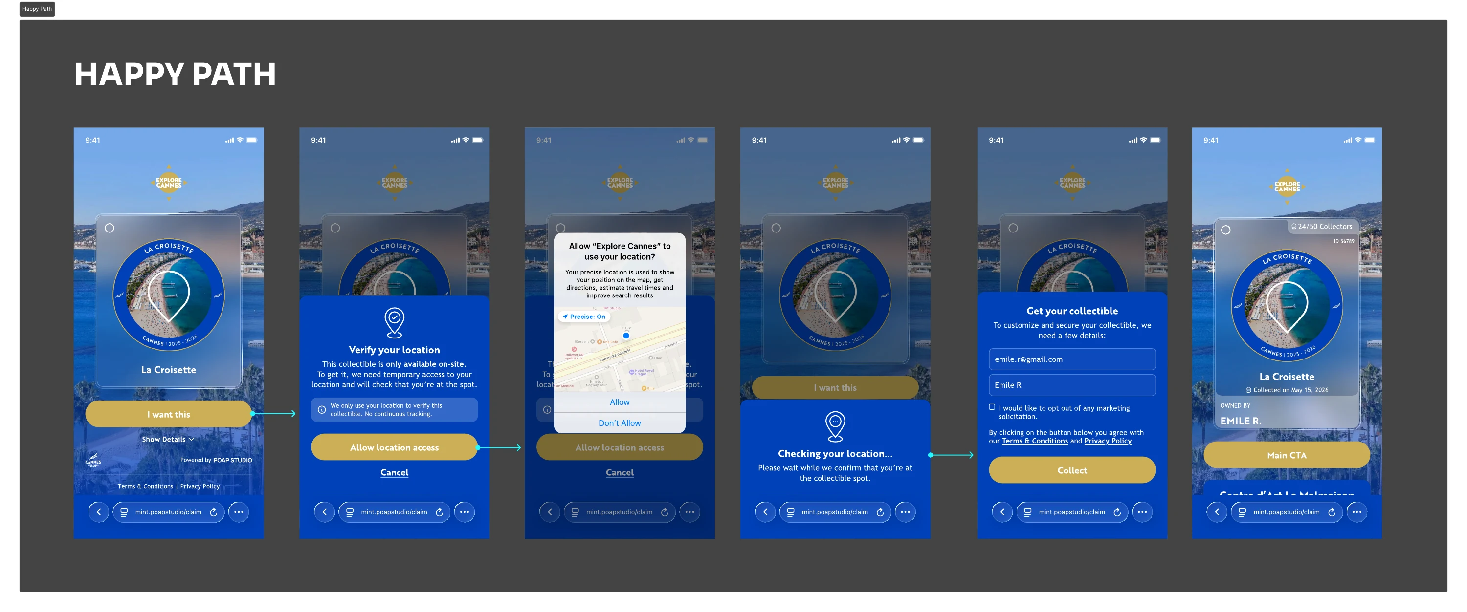 The location check flow: rationale, native permission prompt, checking, success, out of range, permission denied and verification failure