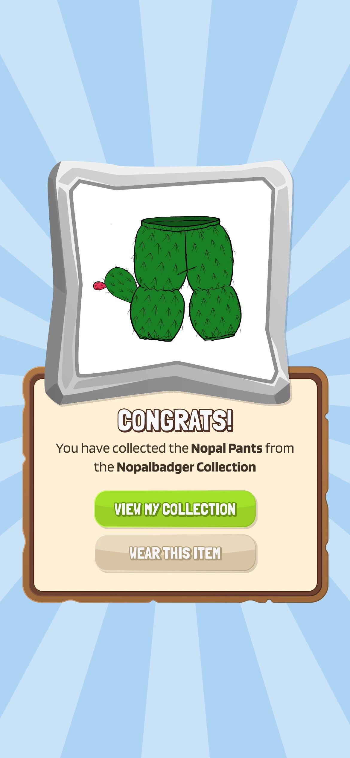 A congratulations screen for a newly collected item