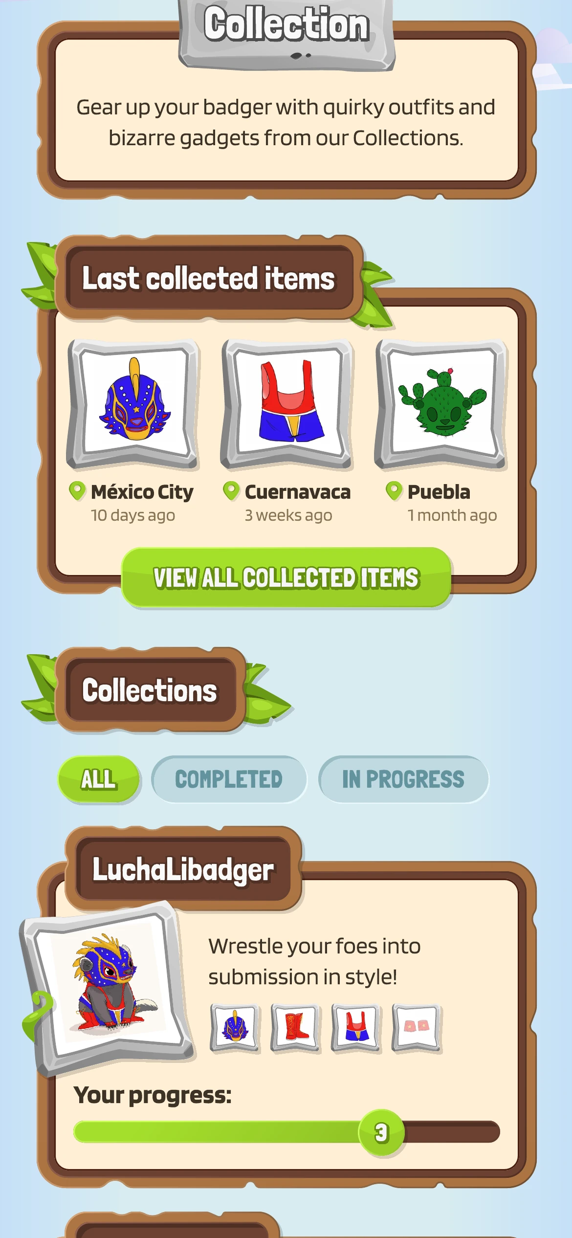 Collection overview with recent items, grouped sets and progress