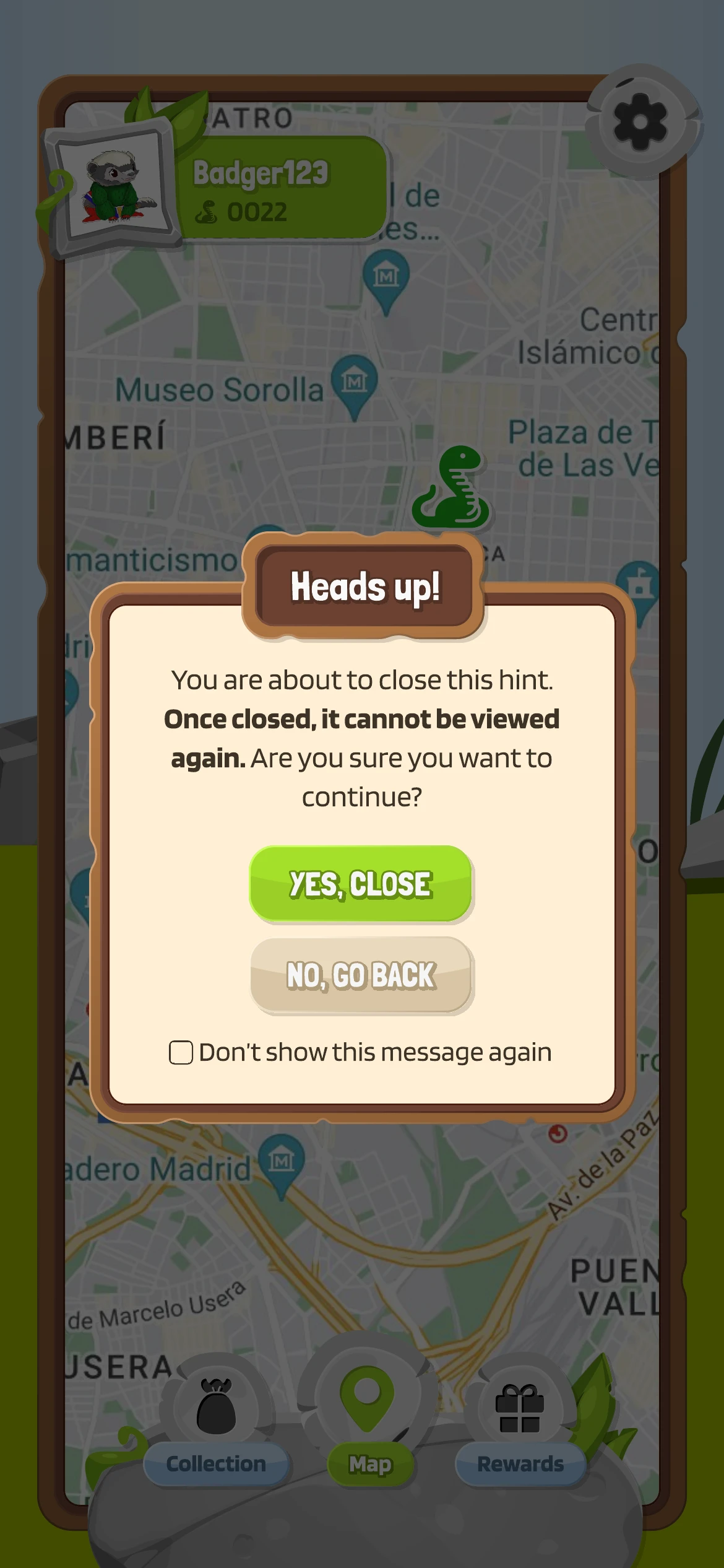 A confirmation dialog warning that once closed the hint cannot be viewed again