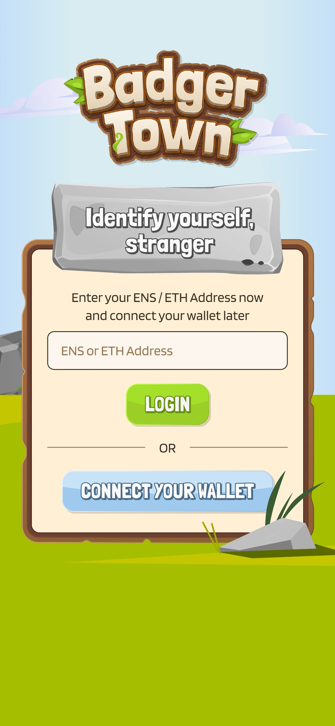 The identify-yourself screen offering login or connect wallet