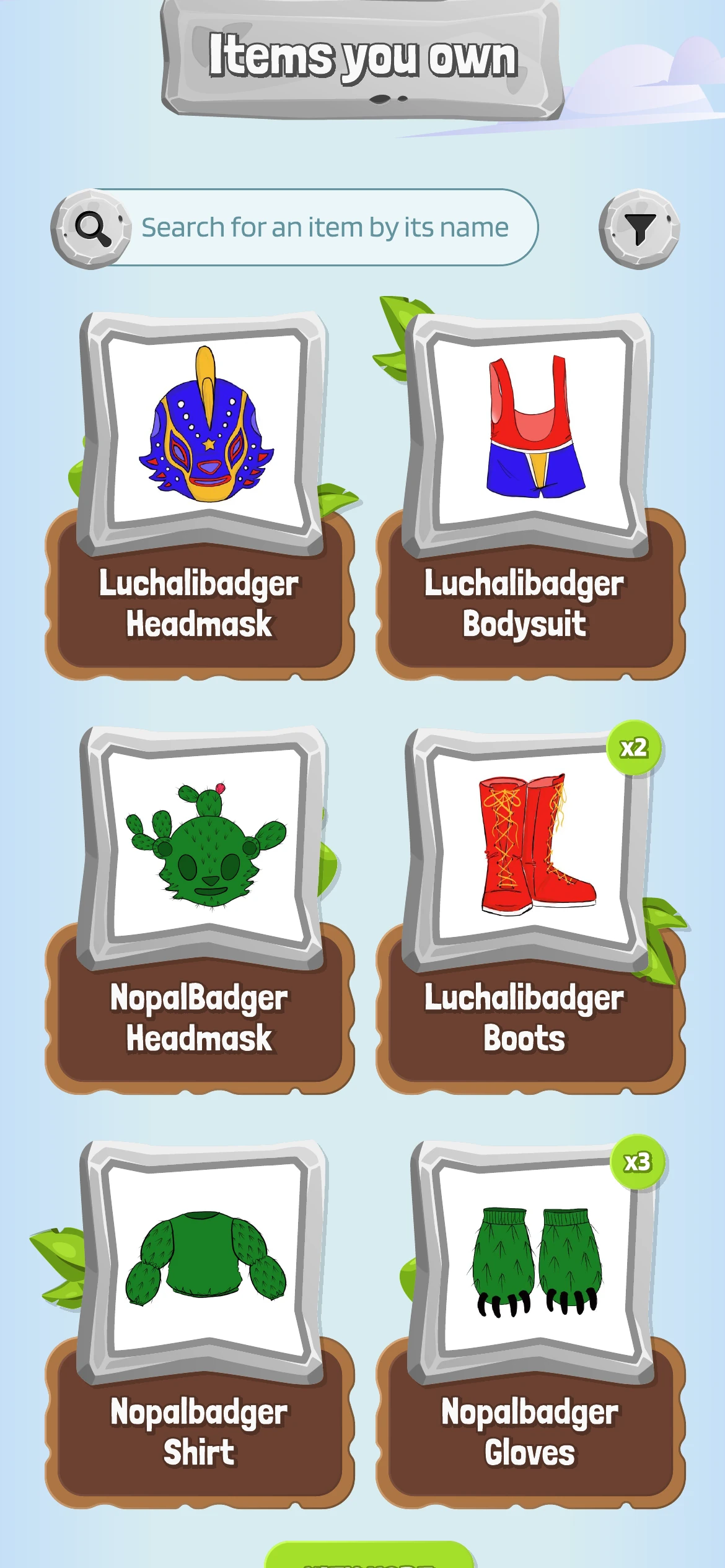 The player’s inventory of collected wearable items