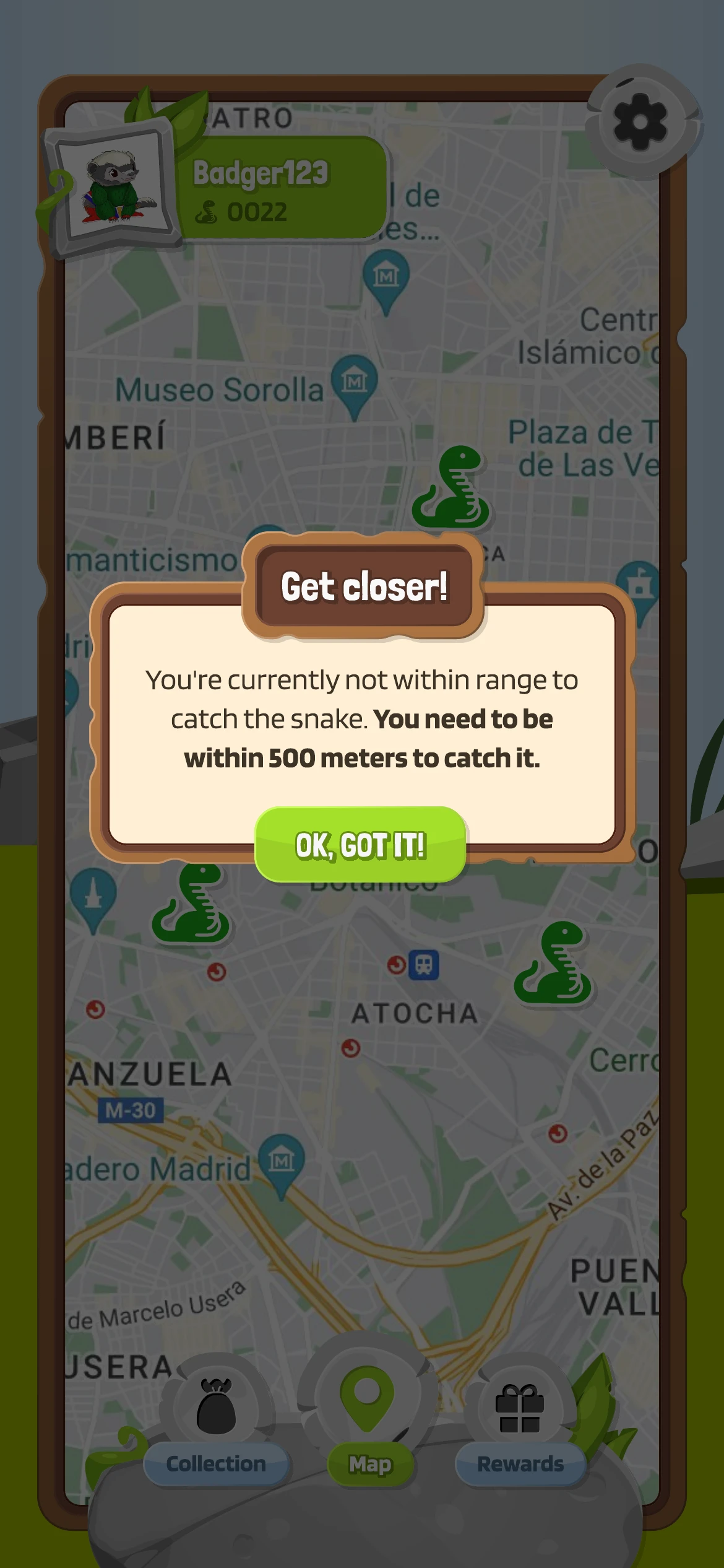 An out-of-range message stating that the player must be within 500 metres