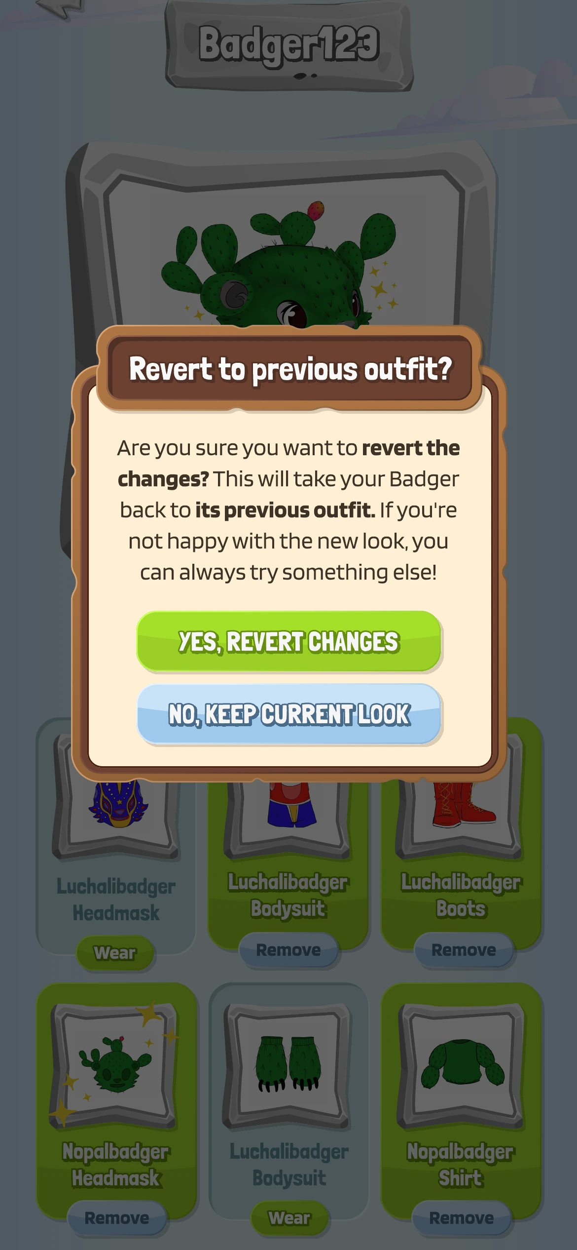 A dialog offering to revert to the previous outfit