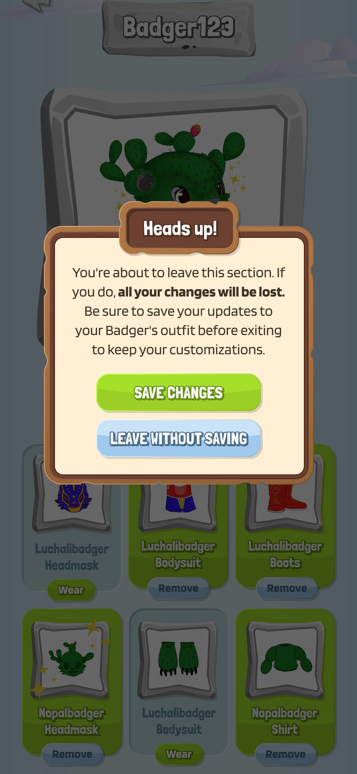A warning that leaving the section will lose all unsaved customisation changes
