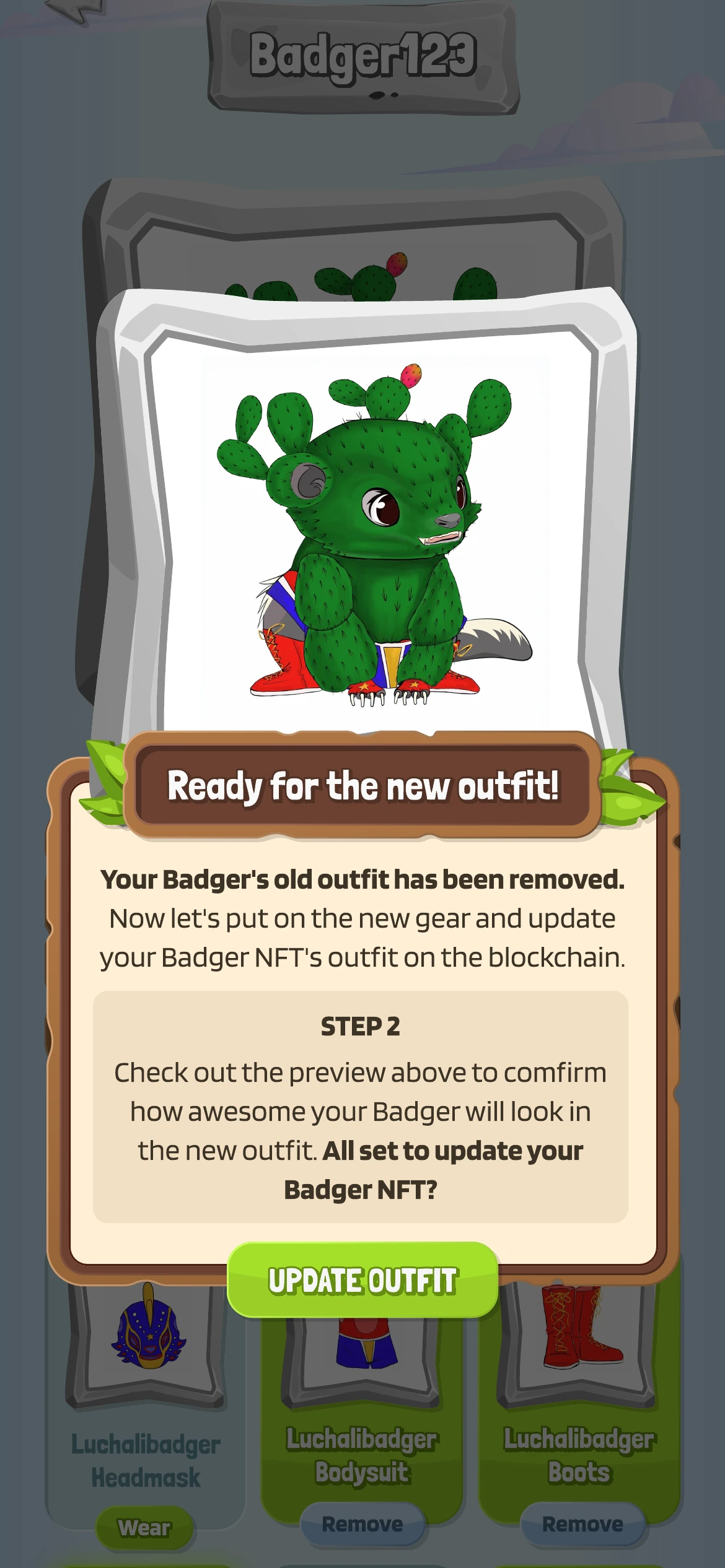 A two-step explanation of the transactions required to remove and apply an outfit