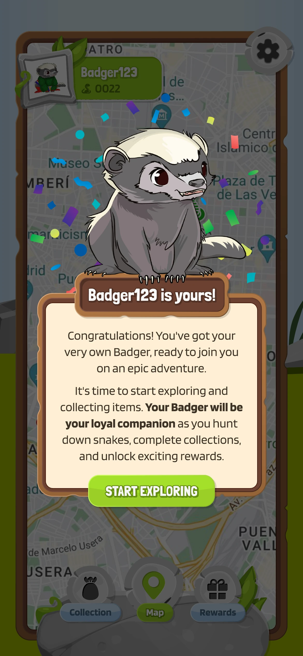 The welcome screen introducing the game after a Badger is caught