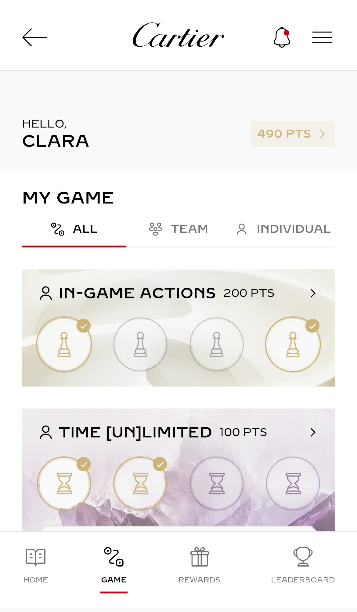 The Time Shaper Challenge game board showing levels, points and achievement states