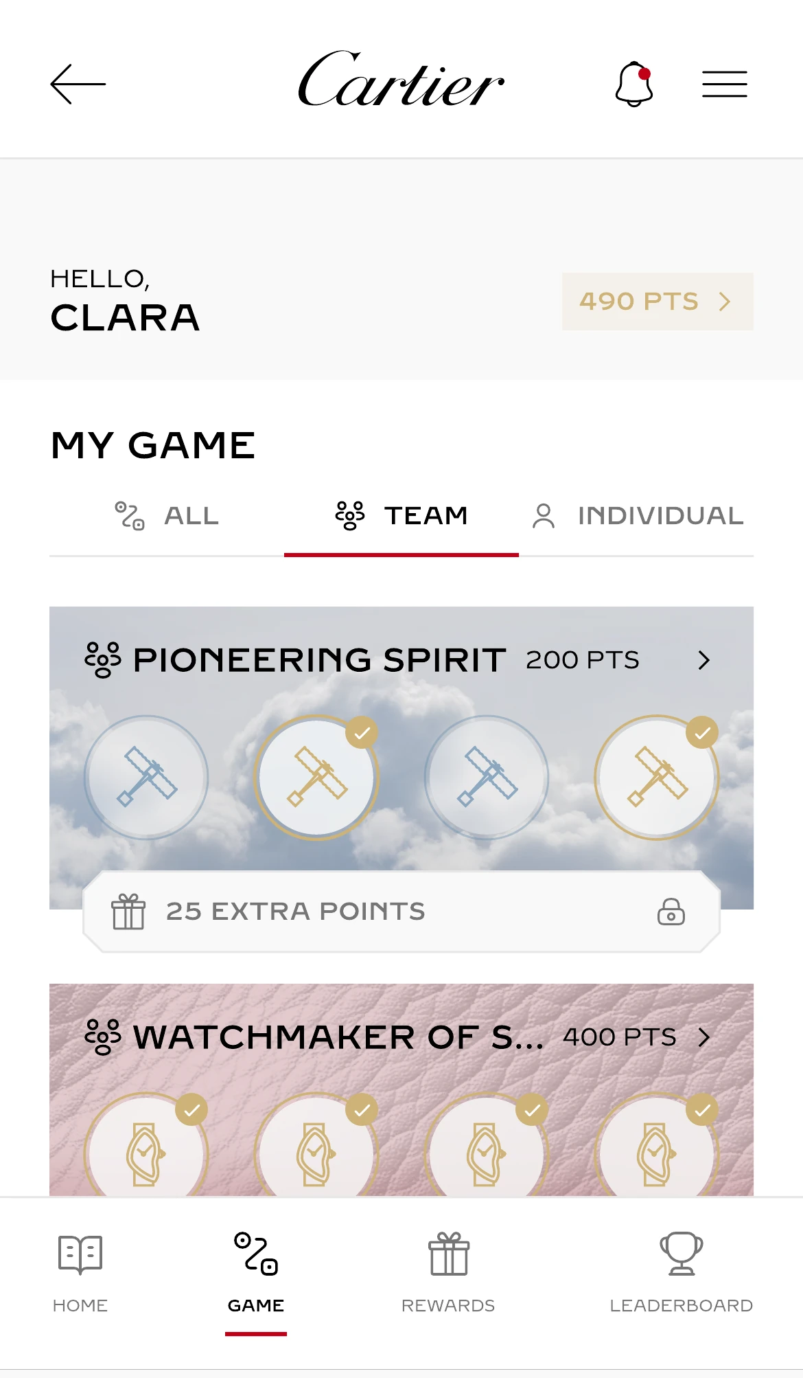 The Team view of the game board