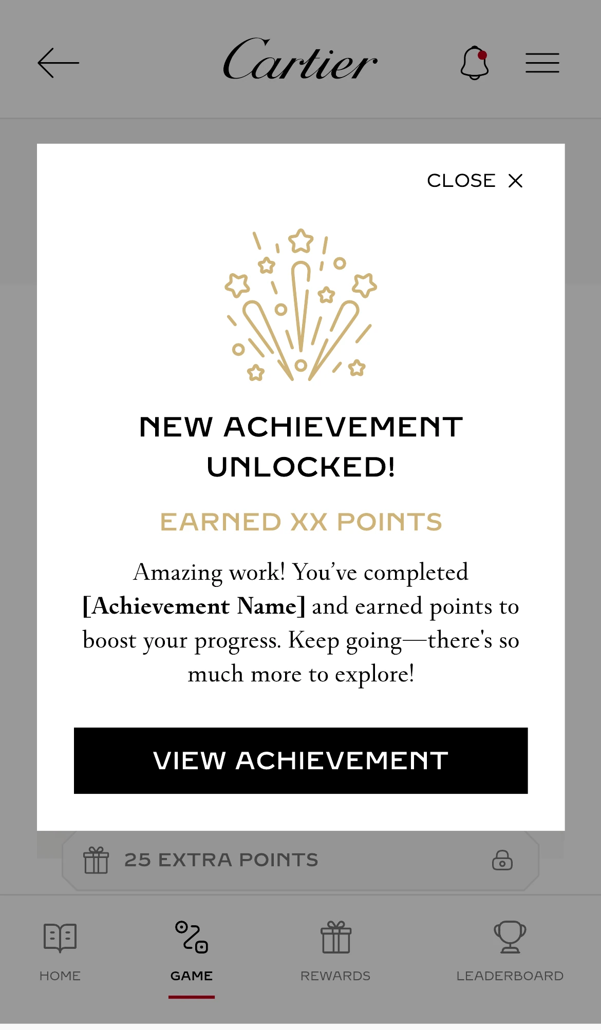 A success modal confirming the achievement and offering a route back into the game