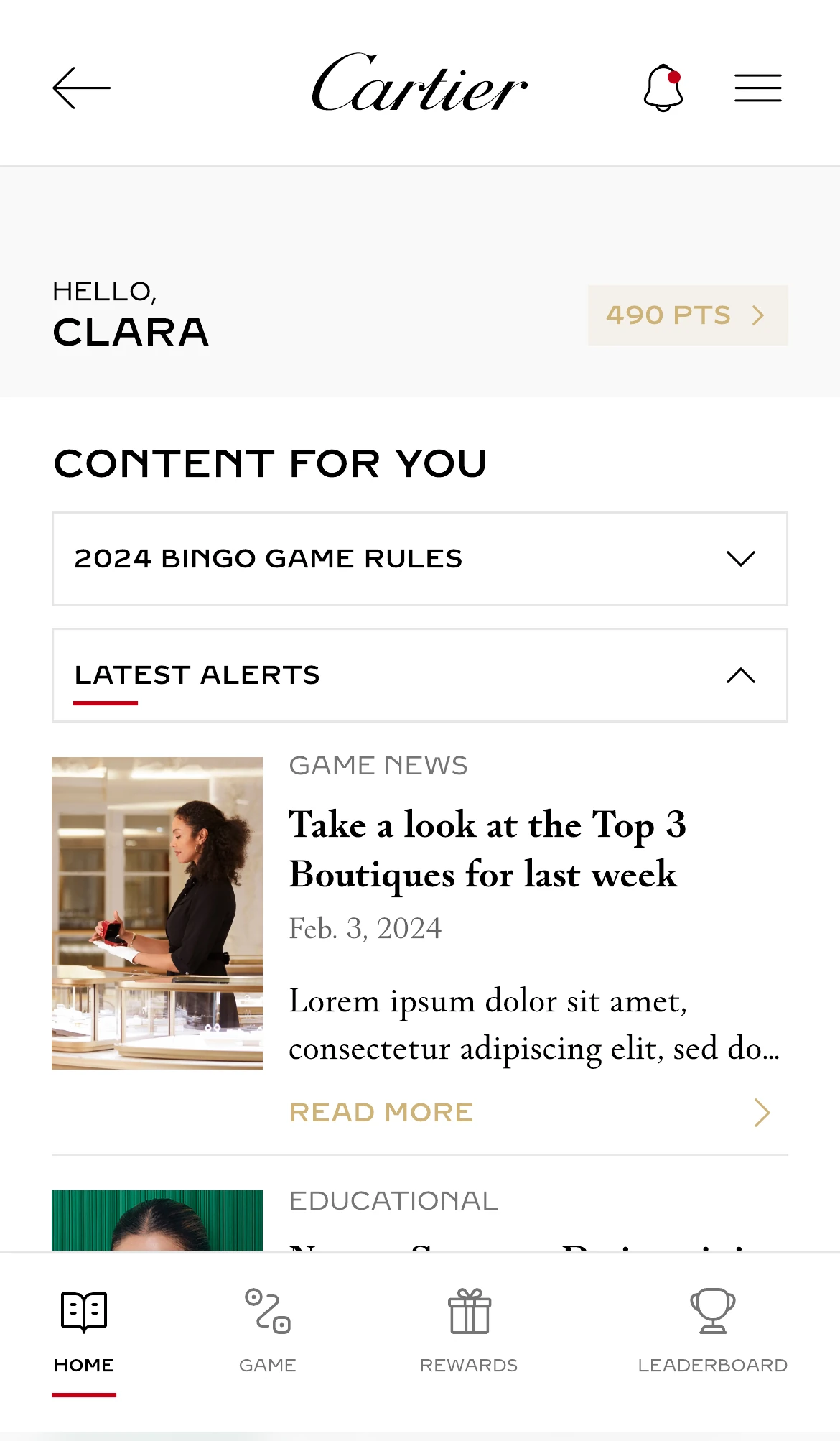 The Home area with programme content and latest alerts