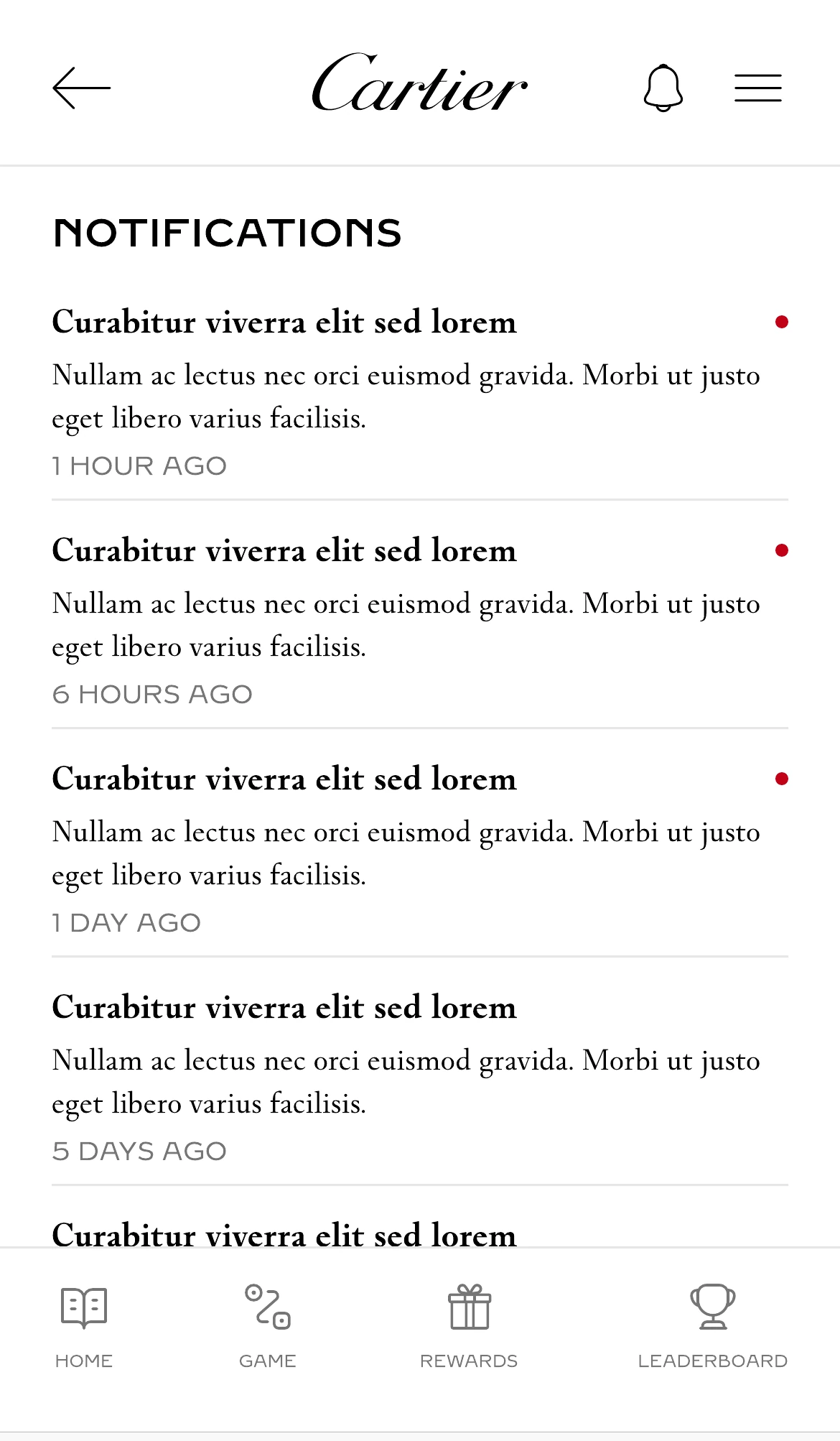 The notifications list