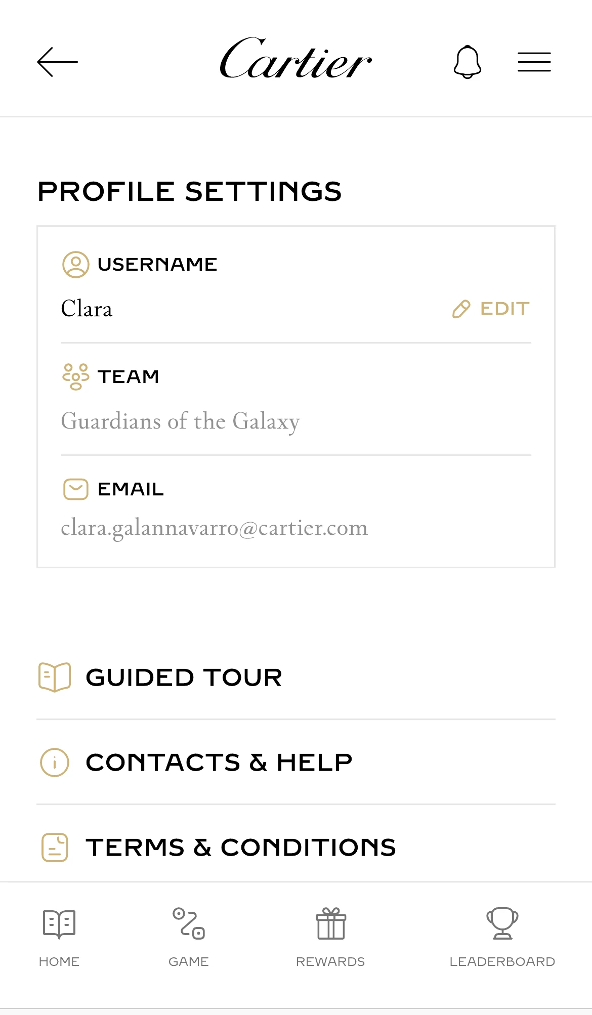 Profile settings with contacts, help and legal