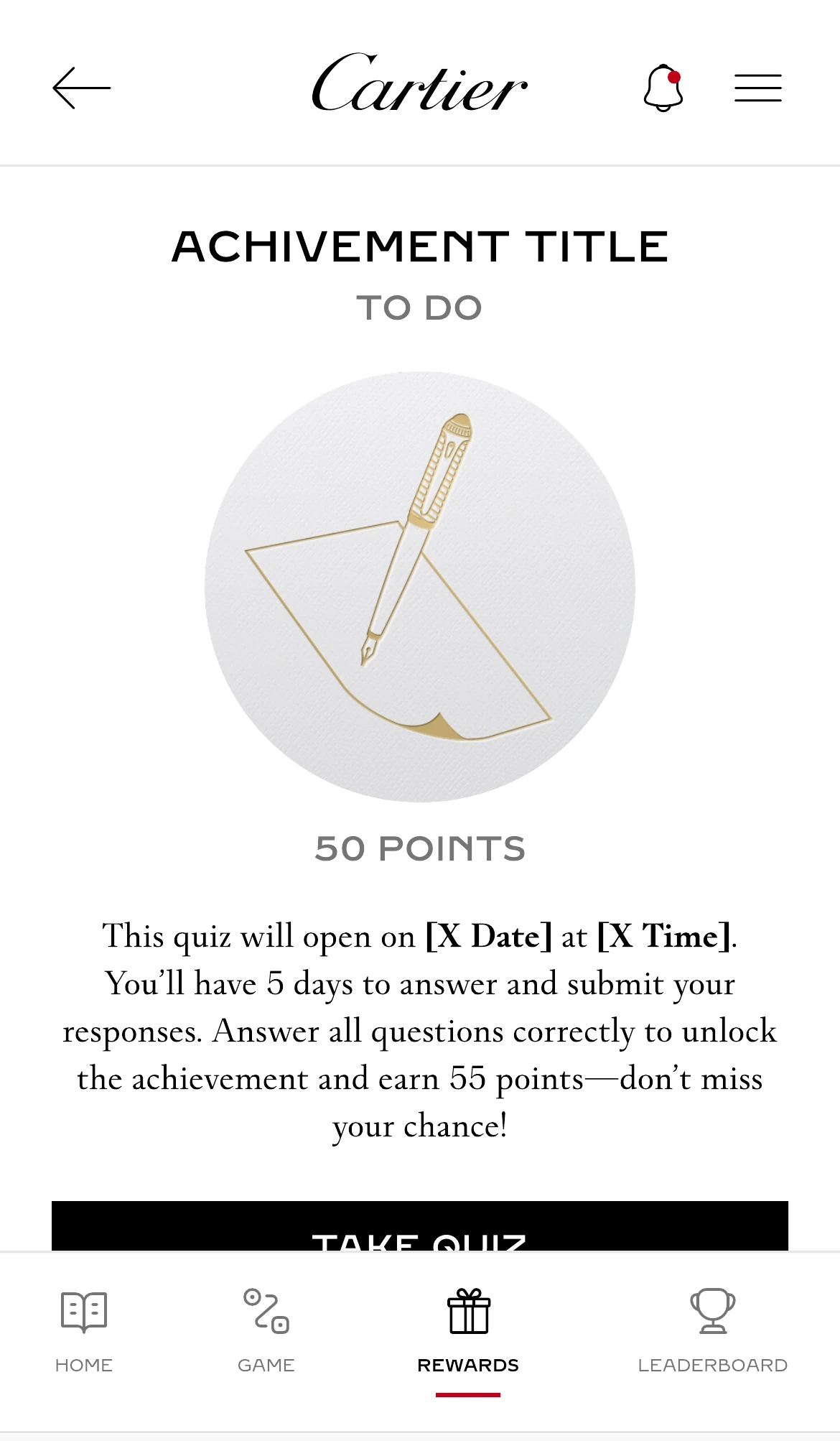 A timed quiz entry point with its availability window