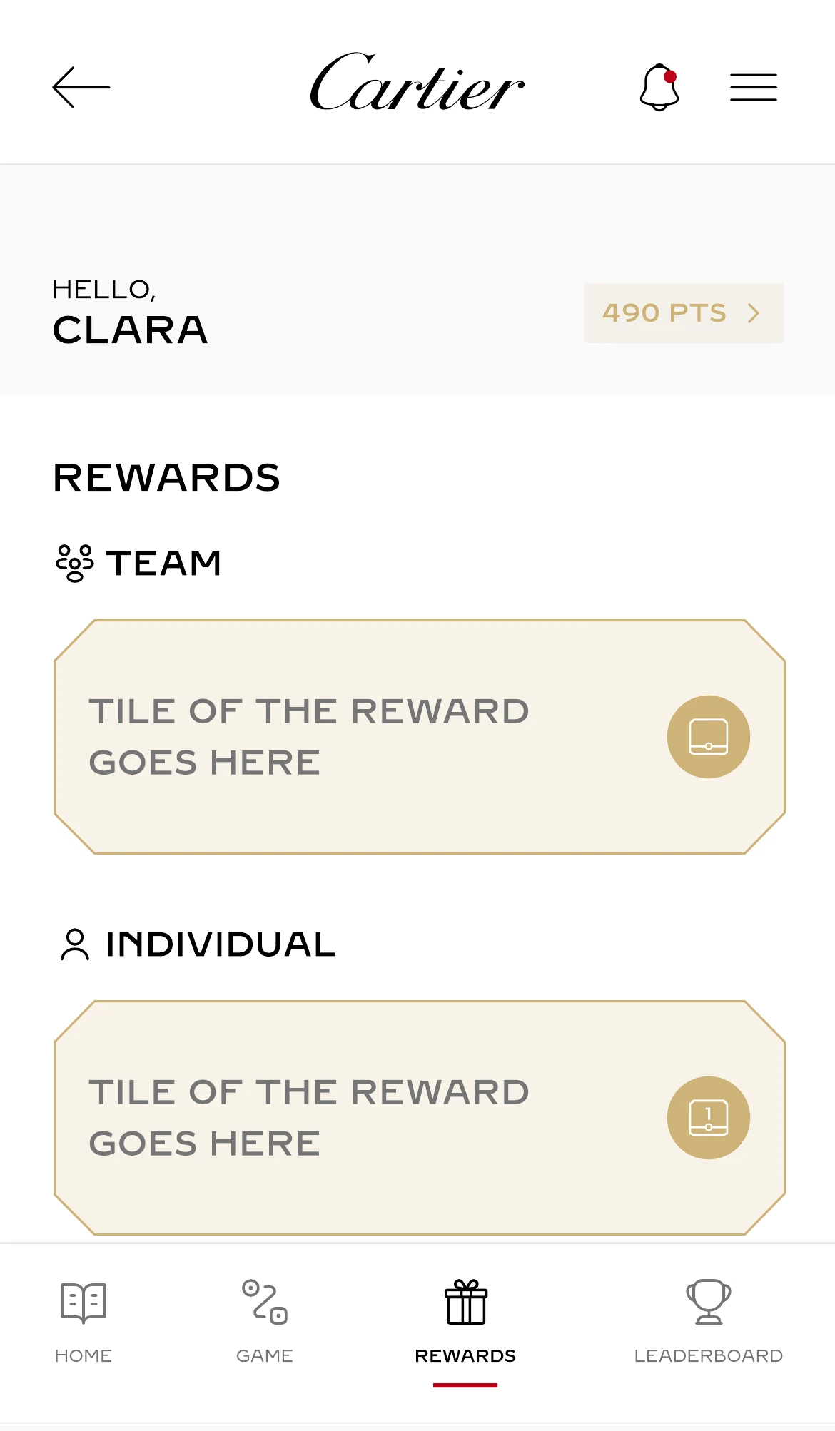 Rewards separated into team and individual categories