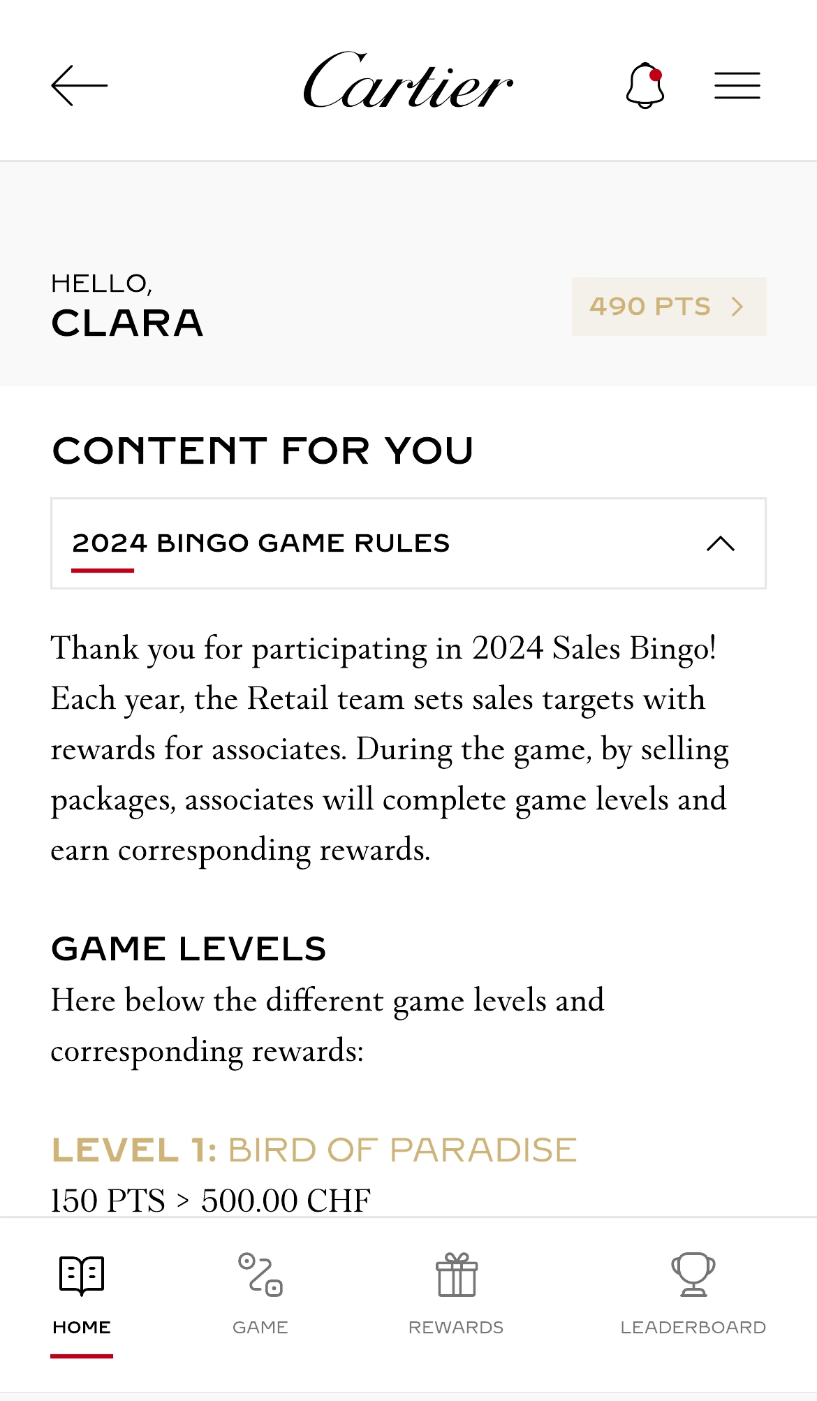 The rules panel listing the programme’s game levels and thresholds