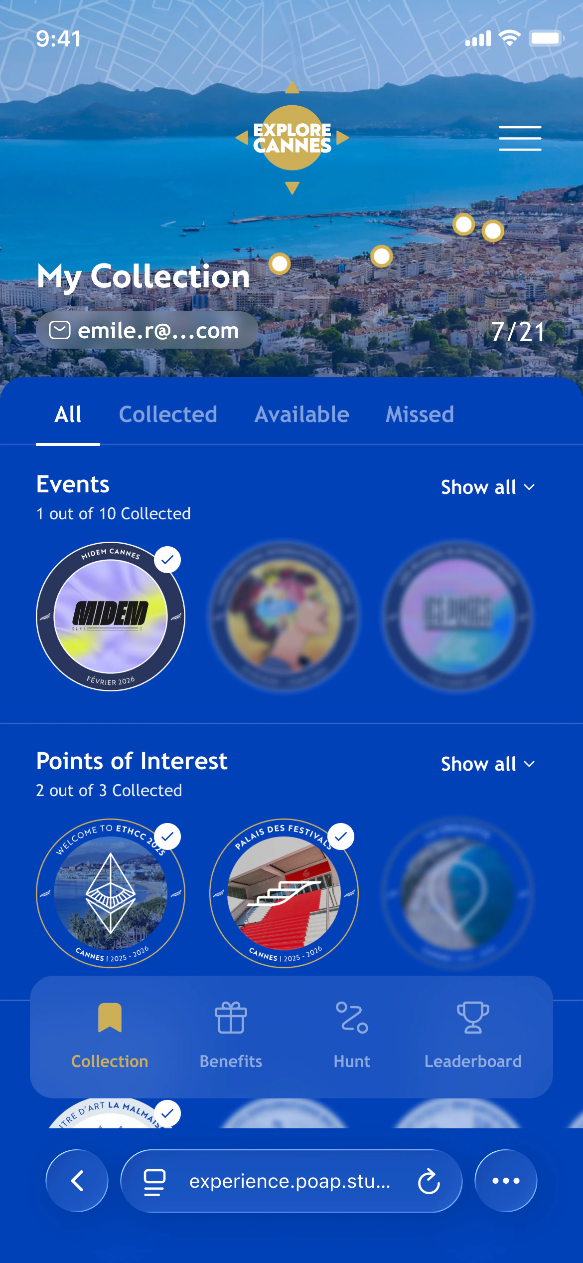 The Explore Cannes Passport: a deep blue collection screen grouped into Events and Points of Interest