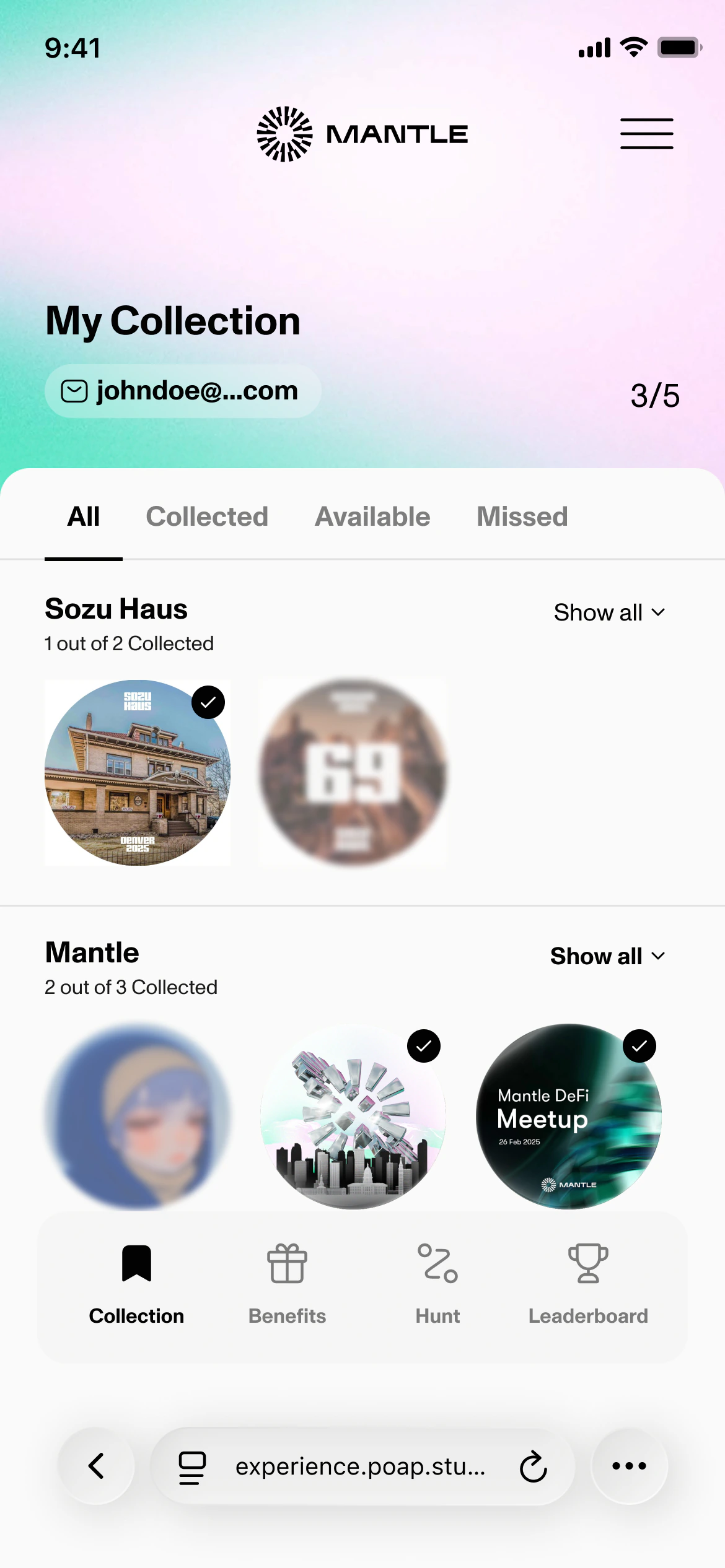 The Mantle Passport: a pale collection screen grouped into Sozu Haus and Mantle