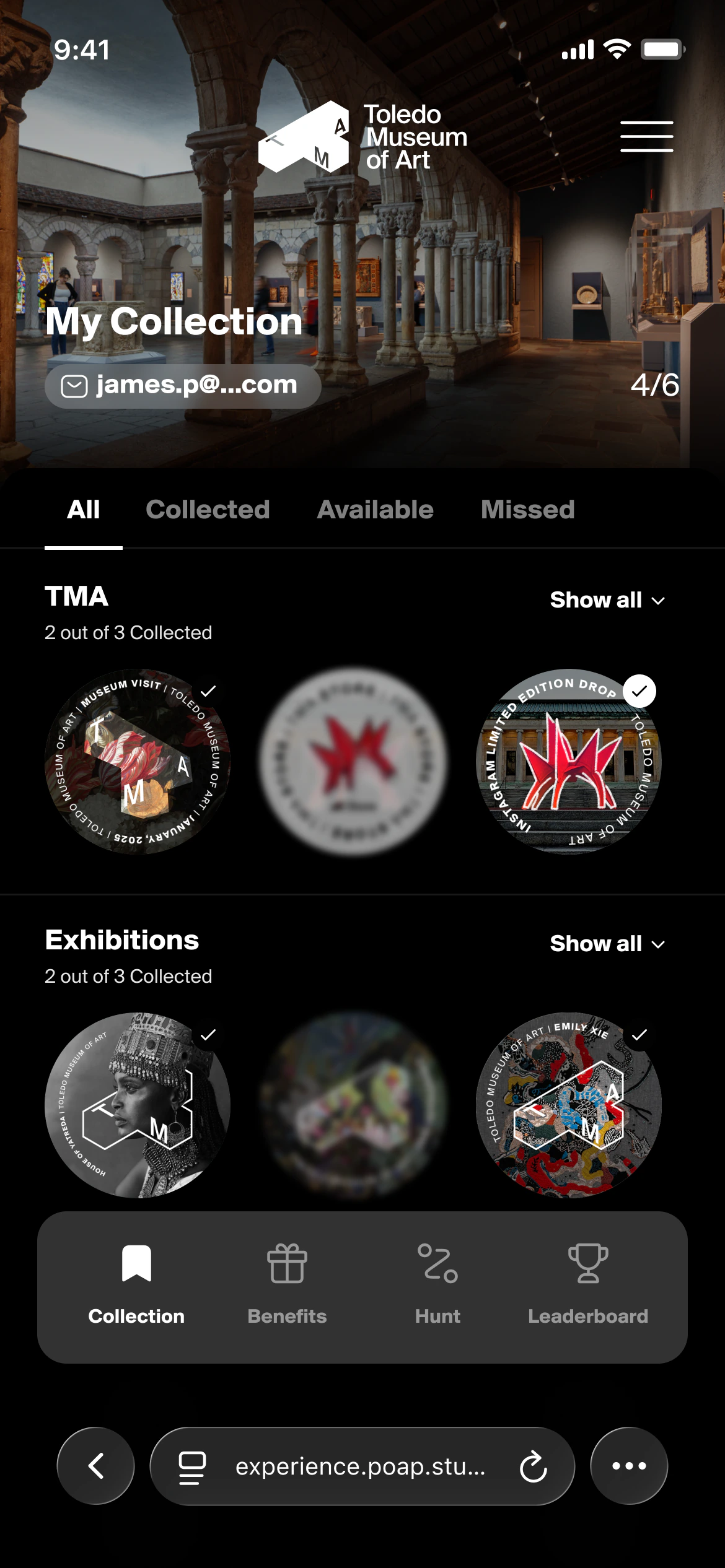 The Toledo Museum of Art Passport: a black collection screen grouped into TMA and Exhibitions