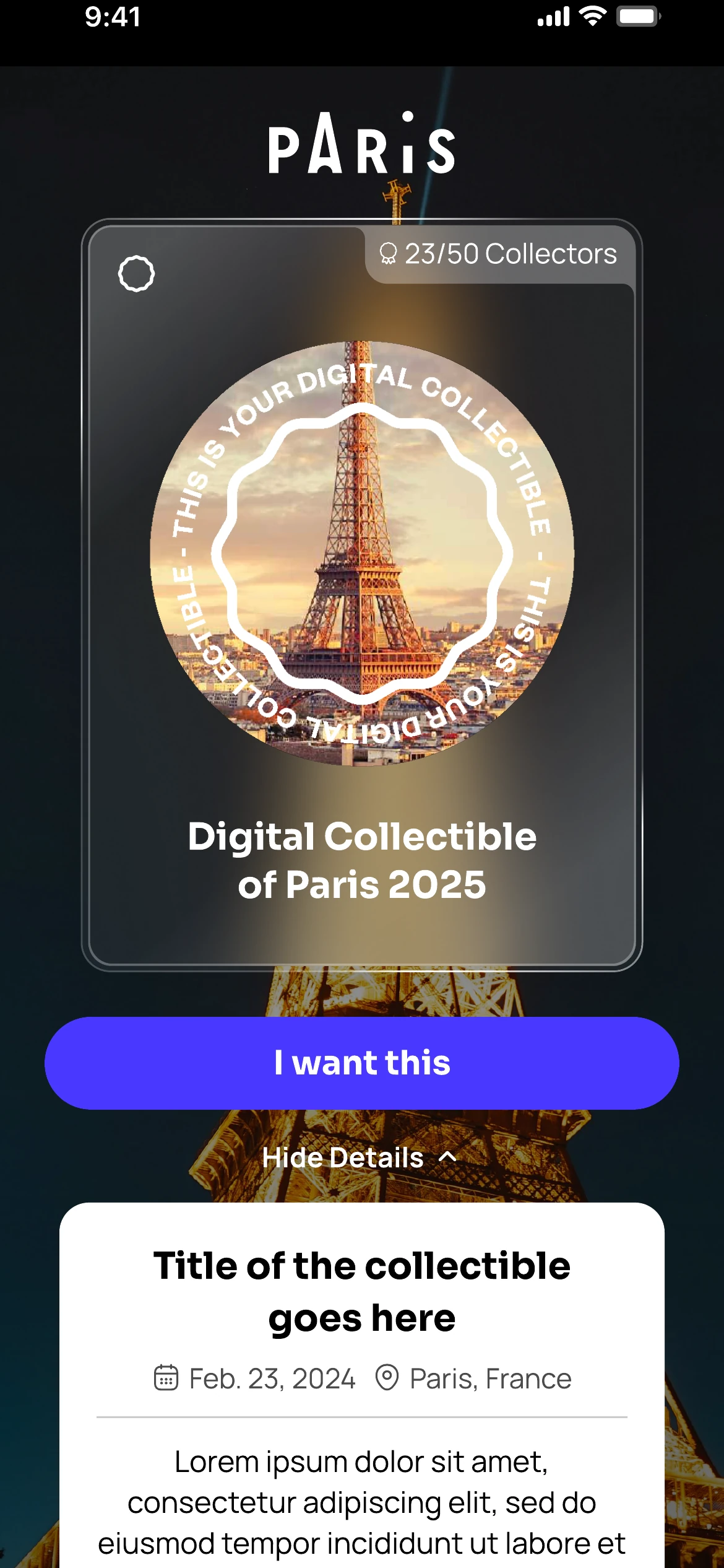 The same template configured as the Digital Collectible of Paris 2025