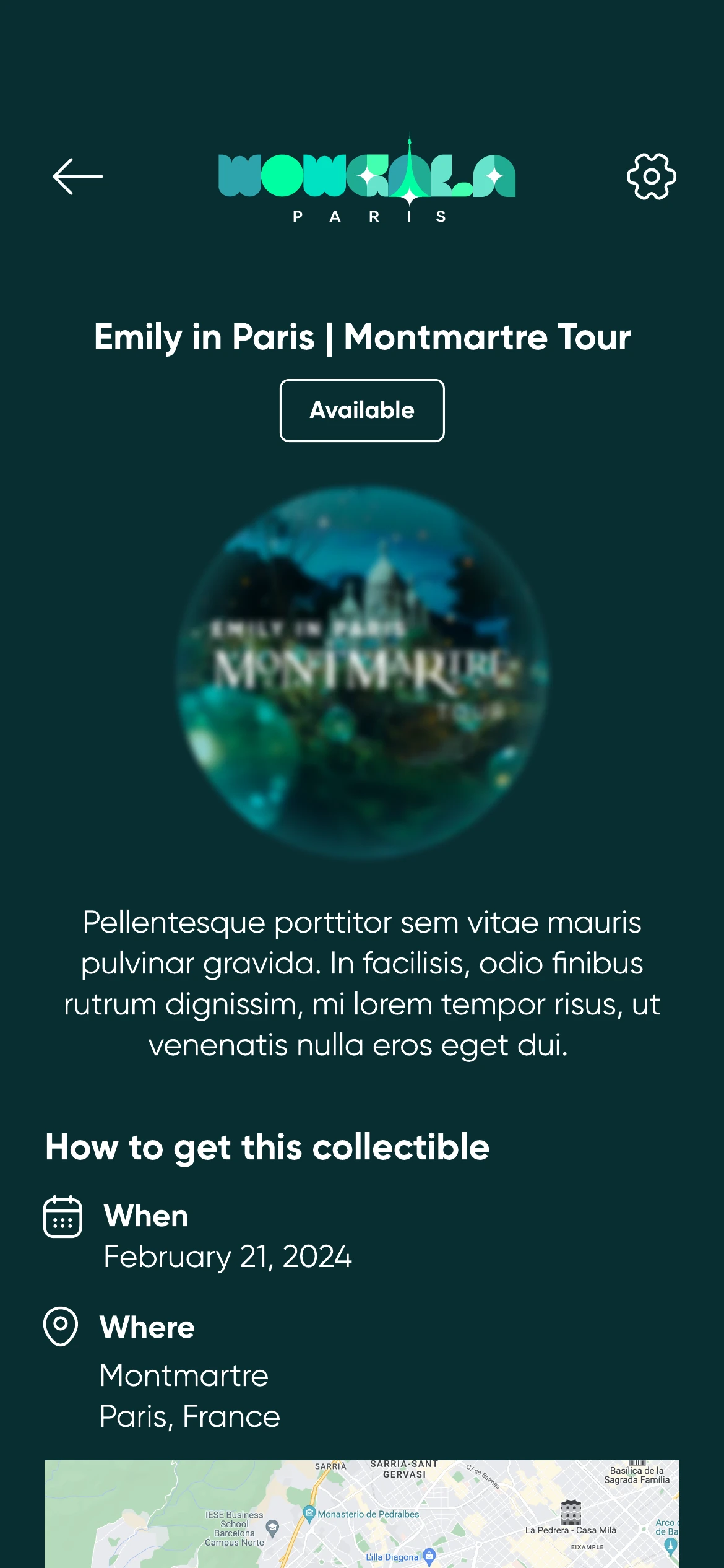 An available item with its date, location and a map