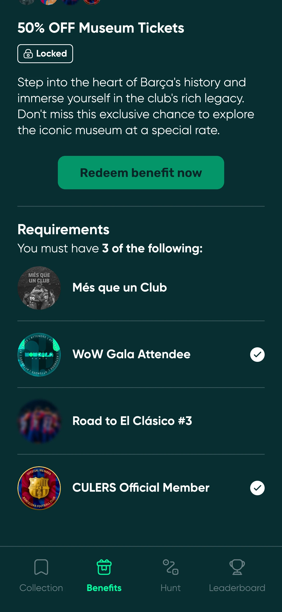 A benefit detail screen listing the collectibles required to unlock it