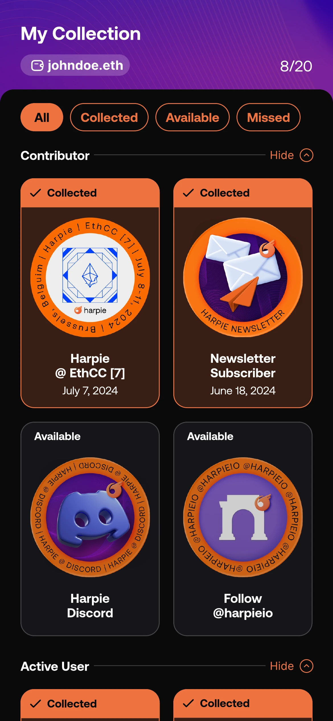 The Harpie Passport: a purple collection split into named categories