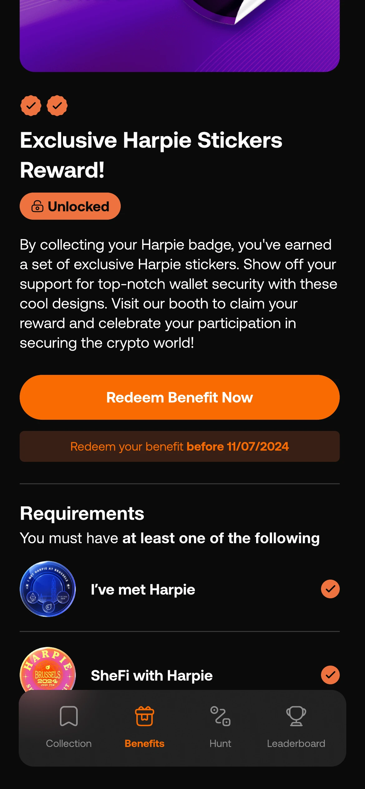 A benefit requiring at least one of the listed collectibles