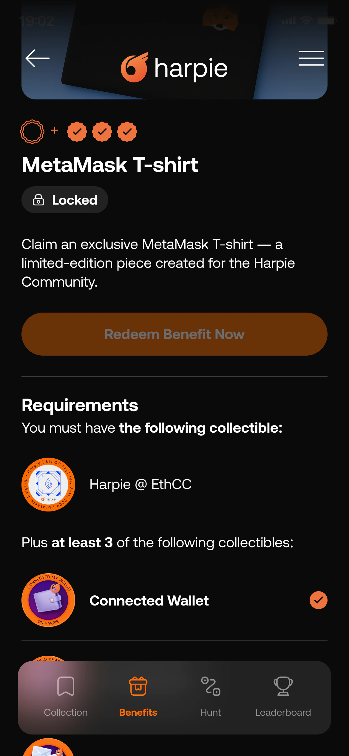 A benefit that needs one specific collectible plus at least three others, shown locked because the specific one is missing