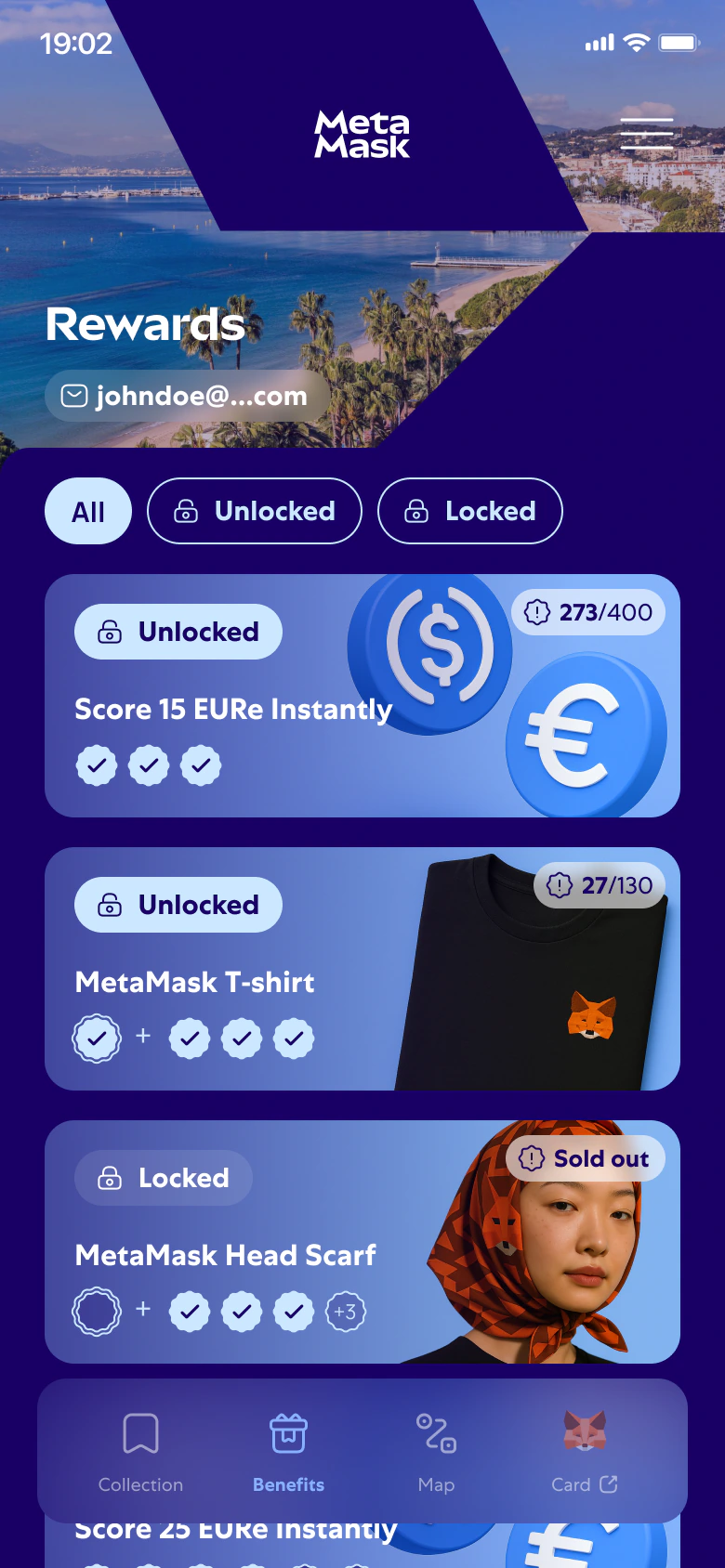 The MetaMask rewards list: two unlocked rewards with stock counters at 273 of 400 and 27 of 130, and a locked head scarf marked sold out
