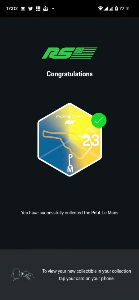 The live app confirming the Petit Le Mans collectible was collected