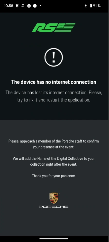 An offline error telling the owner to find a member of staff and confirming the collectible will arrive later