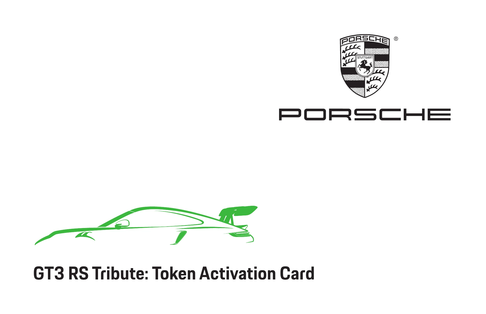 The front of the GT3 RS Tribute token activation card, with the Porsche crest and a green 911 silhouette