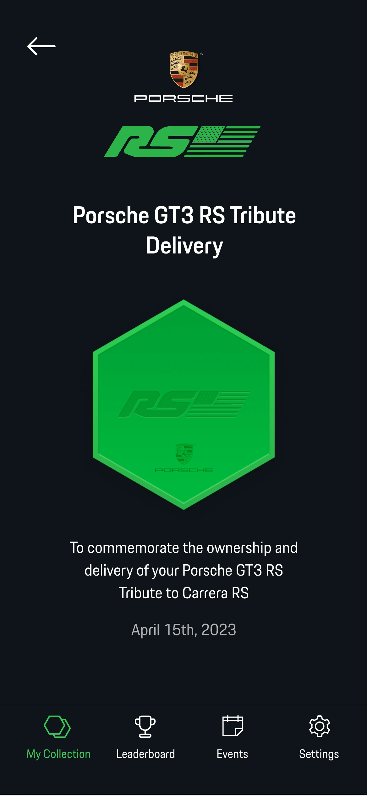 The delivery collectible in dark theme, commemorating the handover of the car