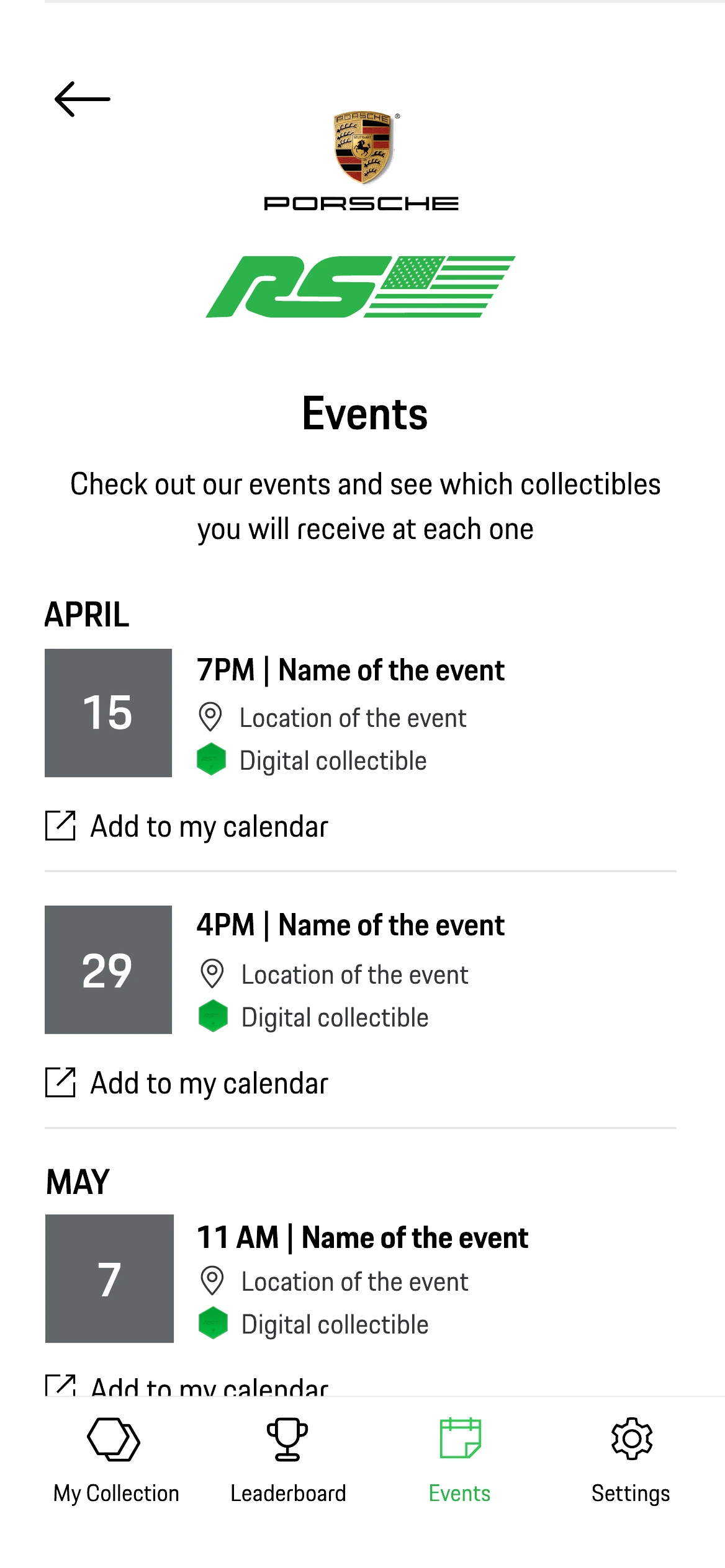 An events list with dates, locations and the collectible offered at each