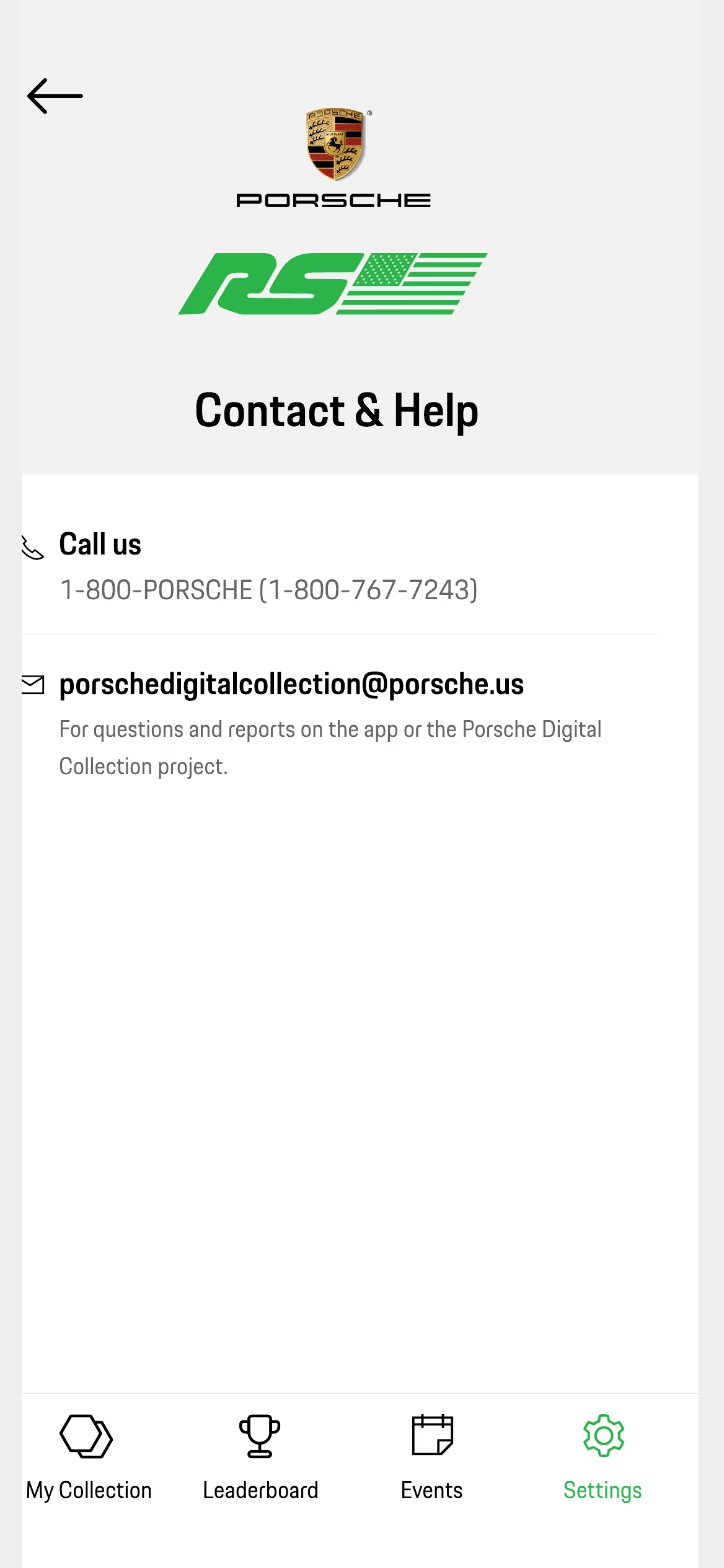 Contact and help, with a phone number and an email address
