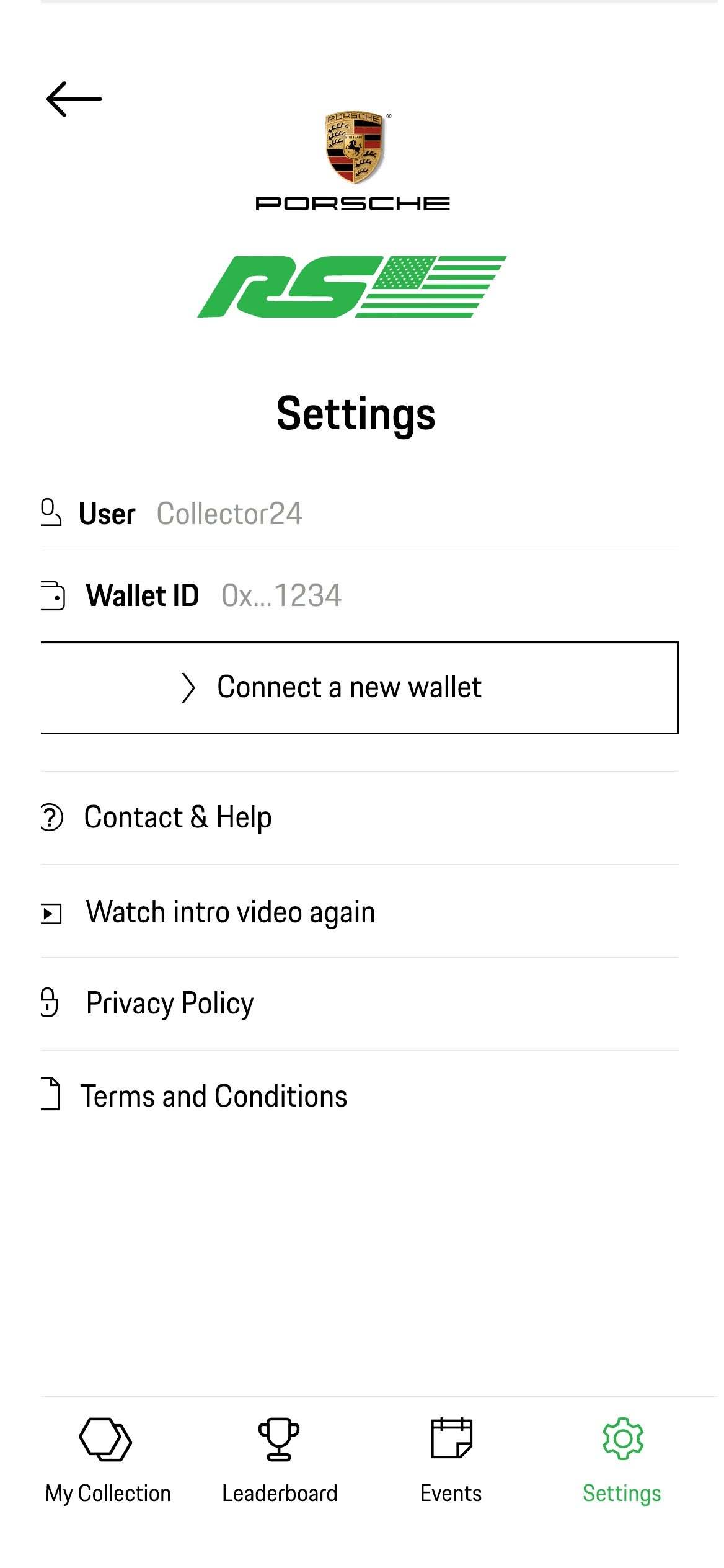Settings, listing the wallet ID, help, the intro video, privacy and terms