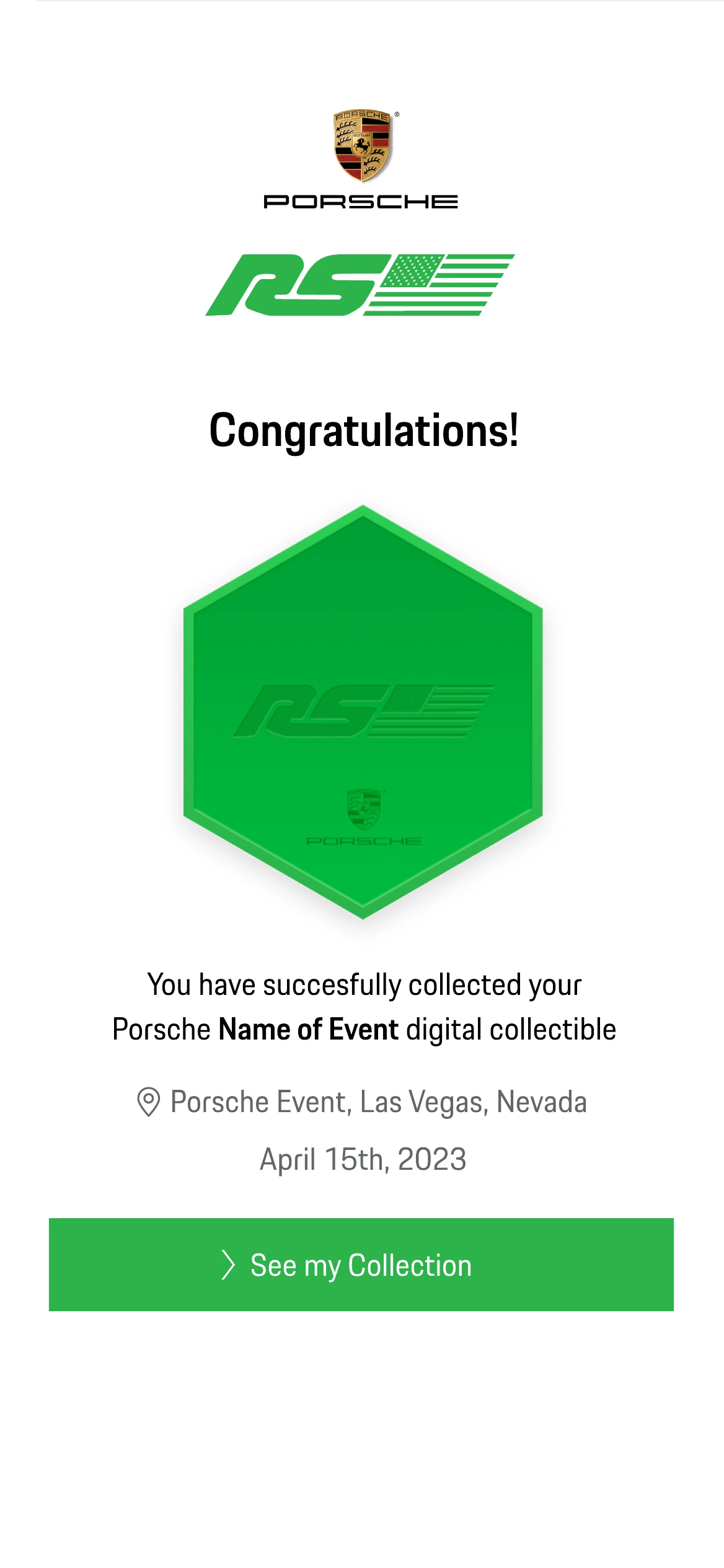 A congratulations screen after tapping the card at an event