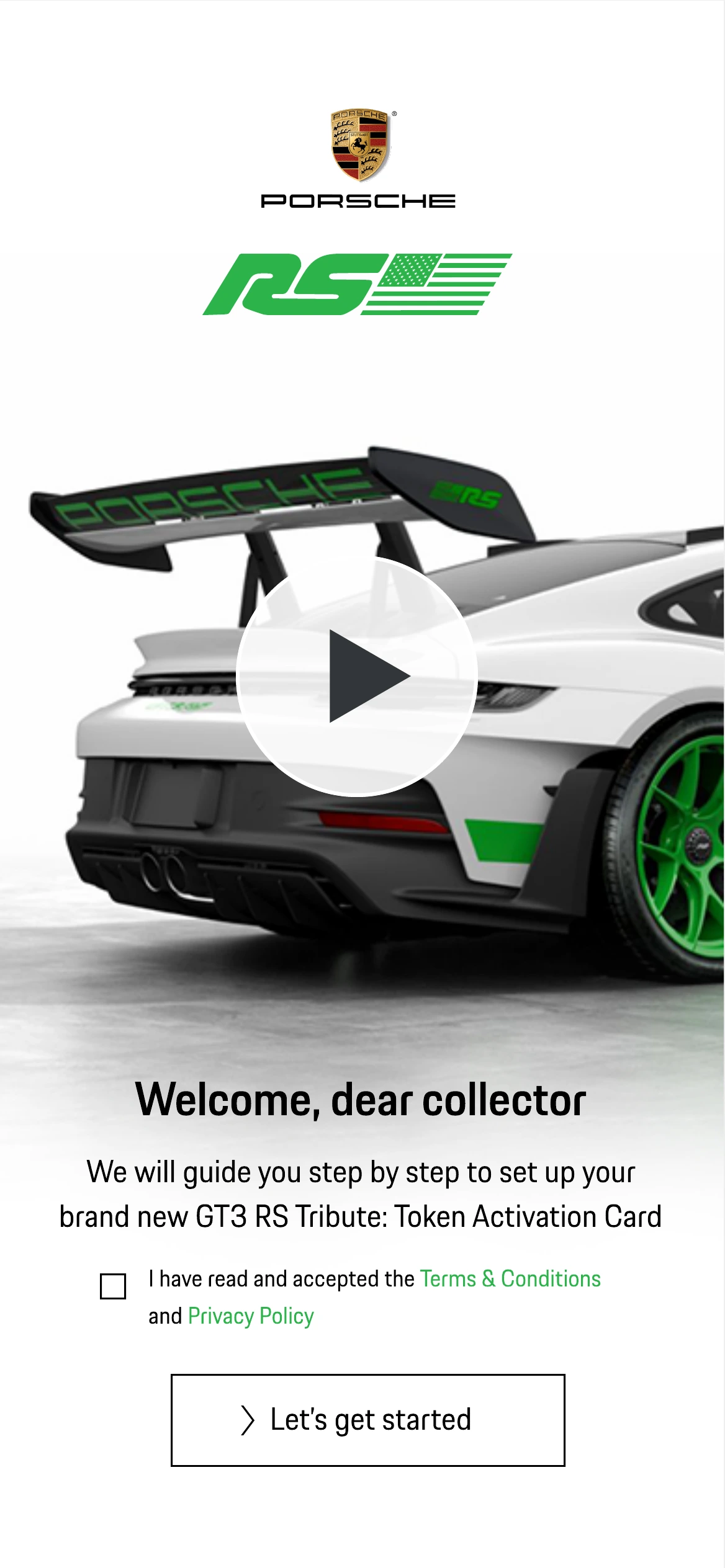 The welcome screen: a video of the GT3 RS and a step-by-step promise